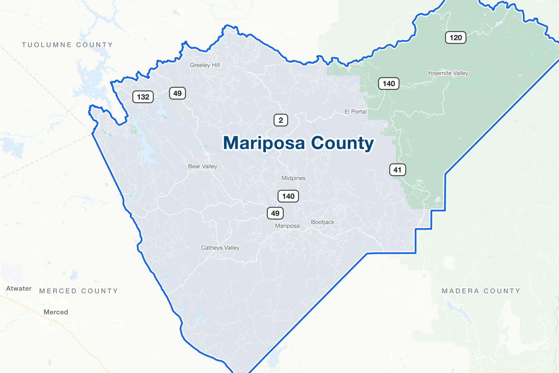 Mapa del condado de Mariposa, California, con Mariposa, Yosemite Valley, El Portal, Midpines y Catheys Valley, y las rutas estatales 140, 49, 41, 120 y 132.