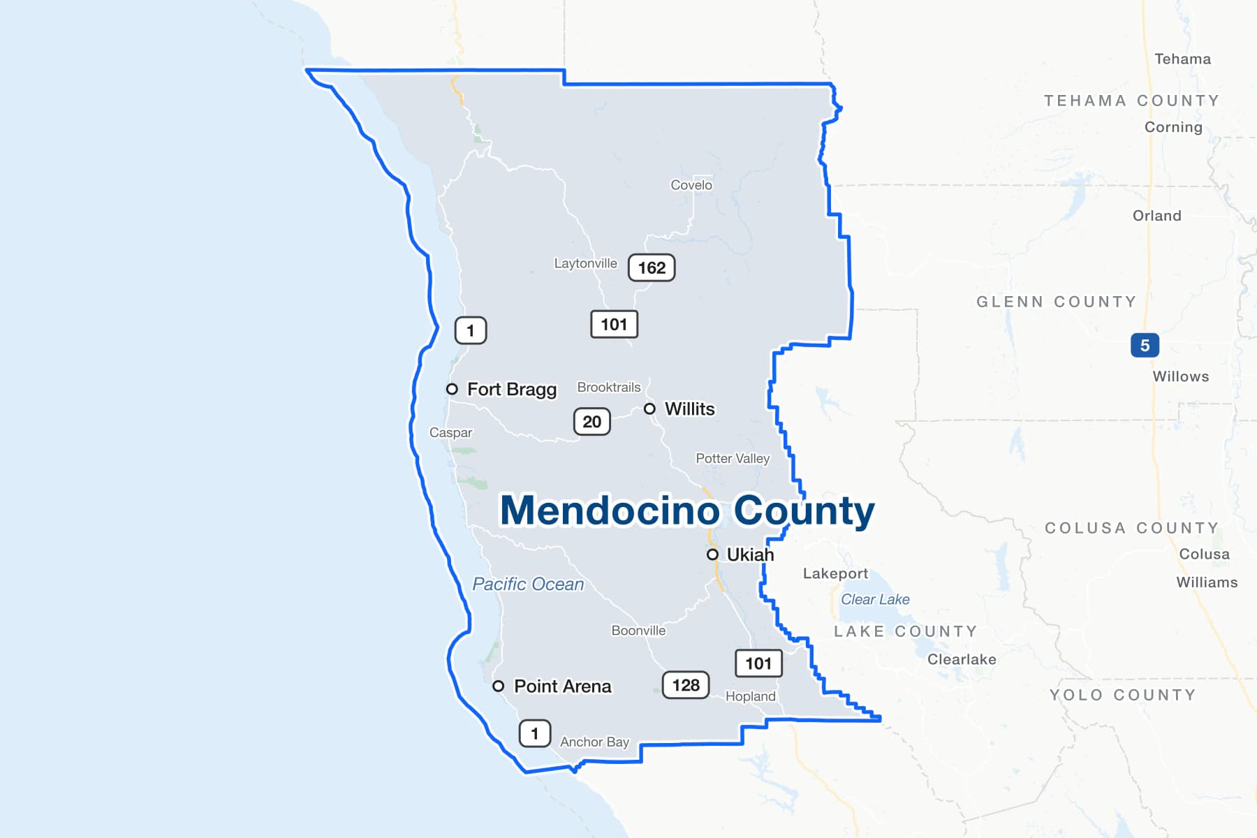 Map of Mendocino County, California, showing Ukiah, Fort Bragg, Willits and Point Arena, with US 101, State Routes 1, 20, 128 and 162, the Pacific Ocean, and the communities of Covelo, Laytonville, Boonville and Hopland.