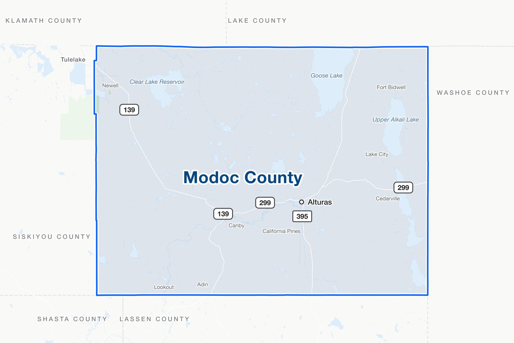Mapa del condado de Modoc, California, con Alturas, Cedarville, Canby, Adin, Newell y Goose Lake, la US 395 y las rutas estatales 299 y 139.