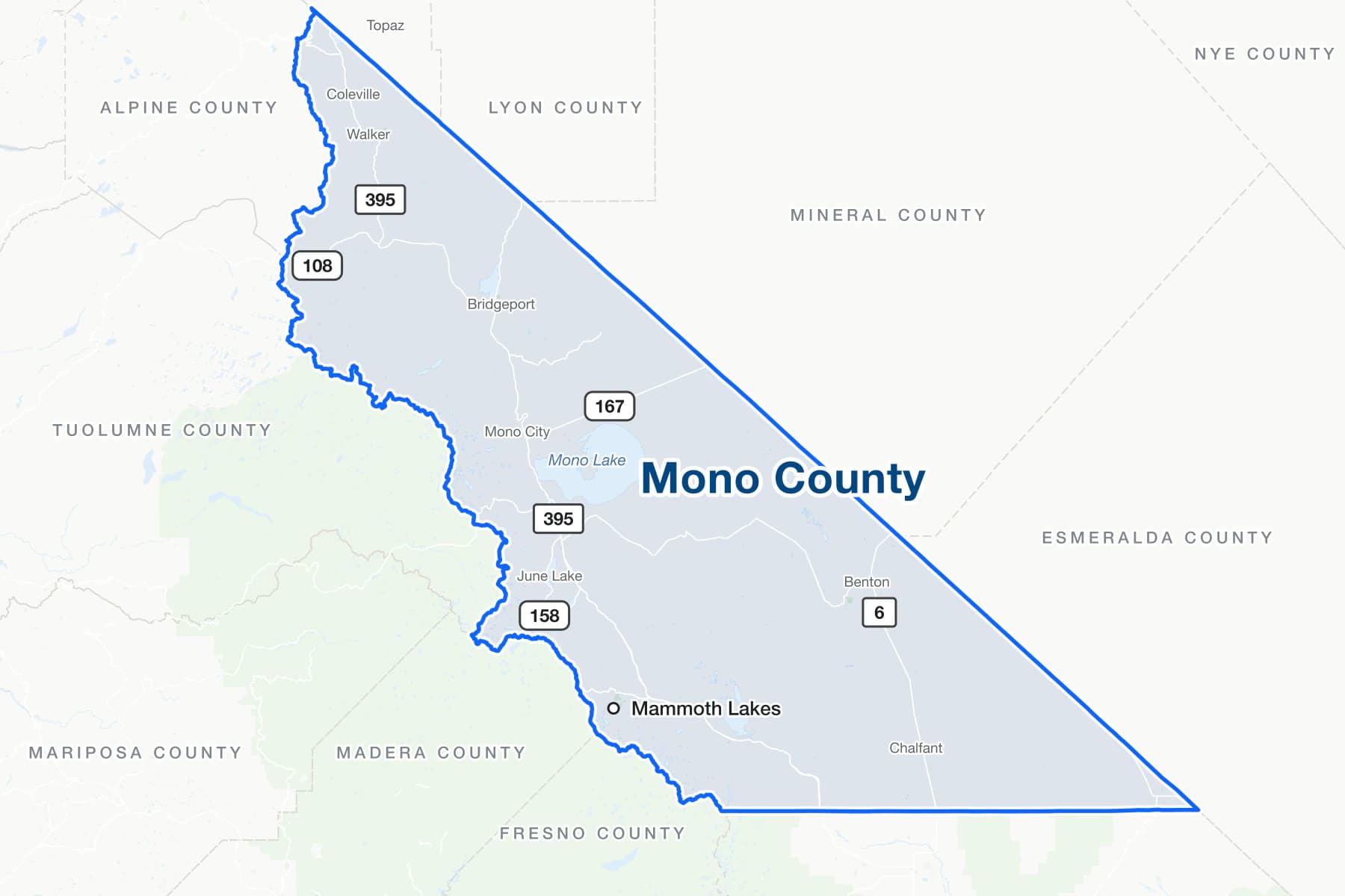 Map of Mono County, California, showing Mammoth Lakes, June Lake, Bridgeport, Walker, Benton and Mono Lake, with US 395, US 6 and State Routes 167, 158 and 108.
