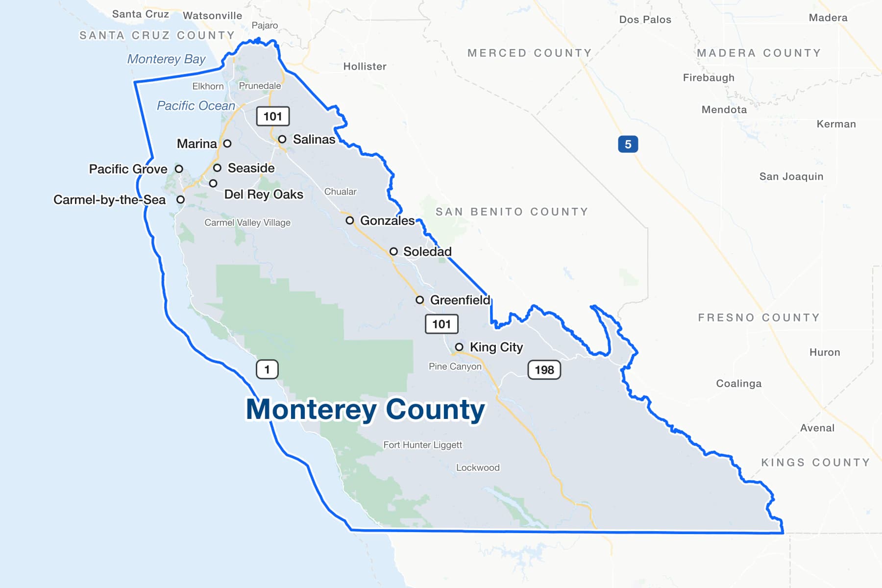 Map of Monterey County, California, showing Salinas, Marina, Seaside, Del Rey Oaks, Pacific Grove, Carmel-by-the-Sea, Gonzales, Soledad, Greenfield and King City, with US 101, State Routes 1 and 198, Monterey Bay, and the communities of Prunedale, Carmel Valley Village, Chualar and Fort Hunter Liggett.