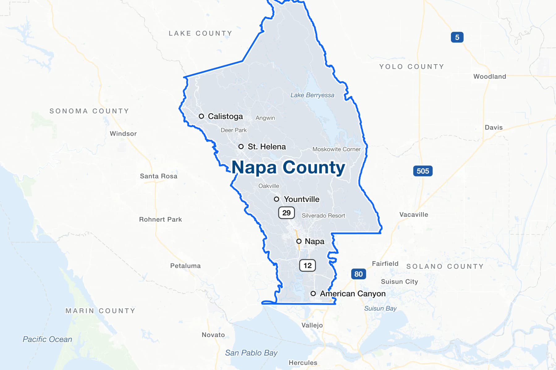 Map of Napa County, California, showing Napa, American Canyon, Yountville, St. Helena and Calistoga, with State Routes 29 and 12, Lake Berryessa, and San Pablo Bay to the south.