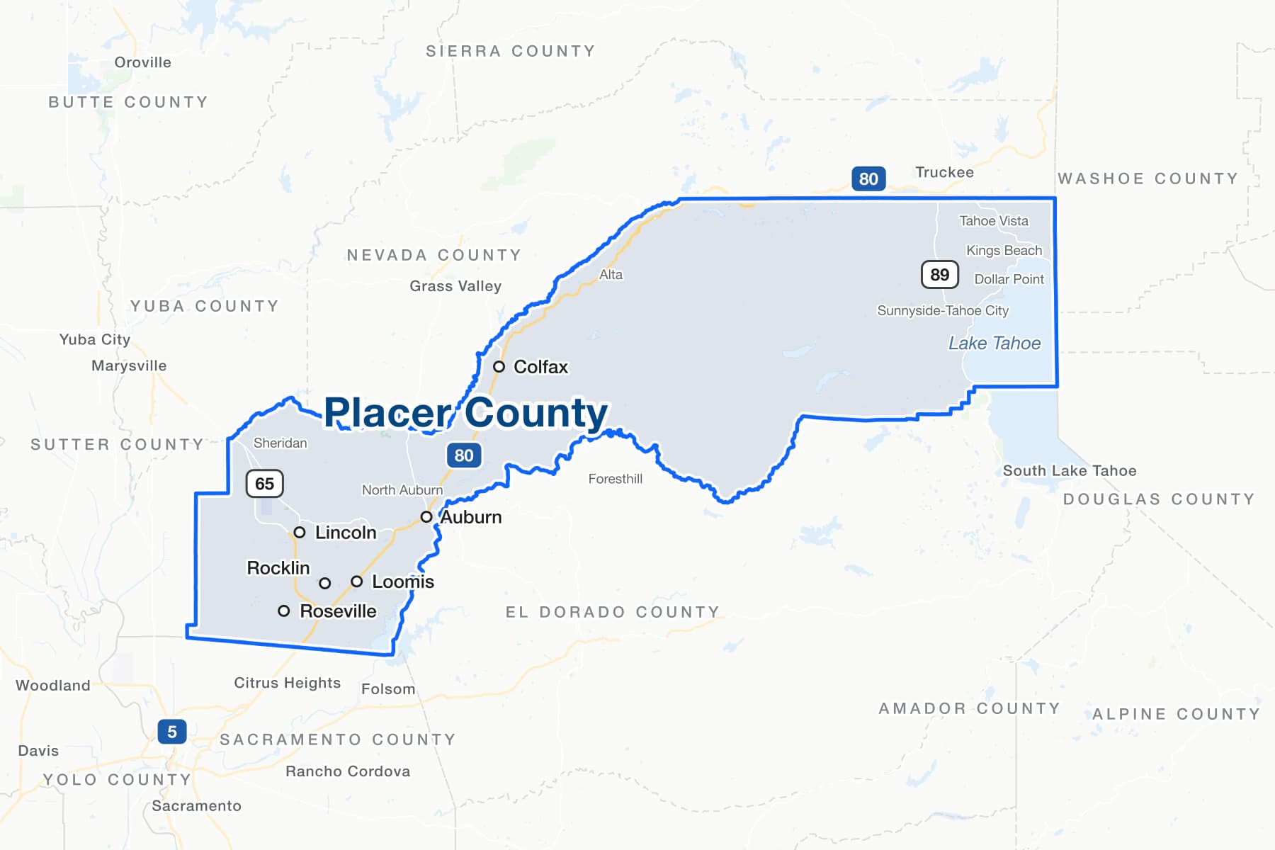 Map of Placer County, California, showing Roseville, Rocklin, Lincoln, Loomis, Auburn and Colfax, with Interstate 80, State Routes 65 and 89, and Lake Tahoe.