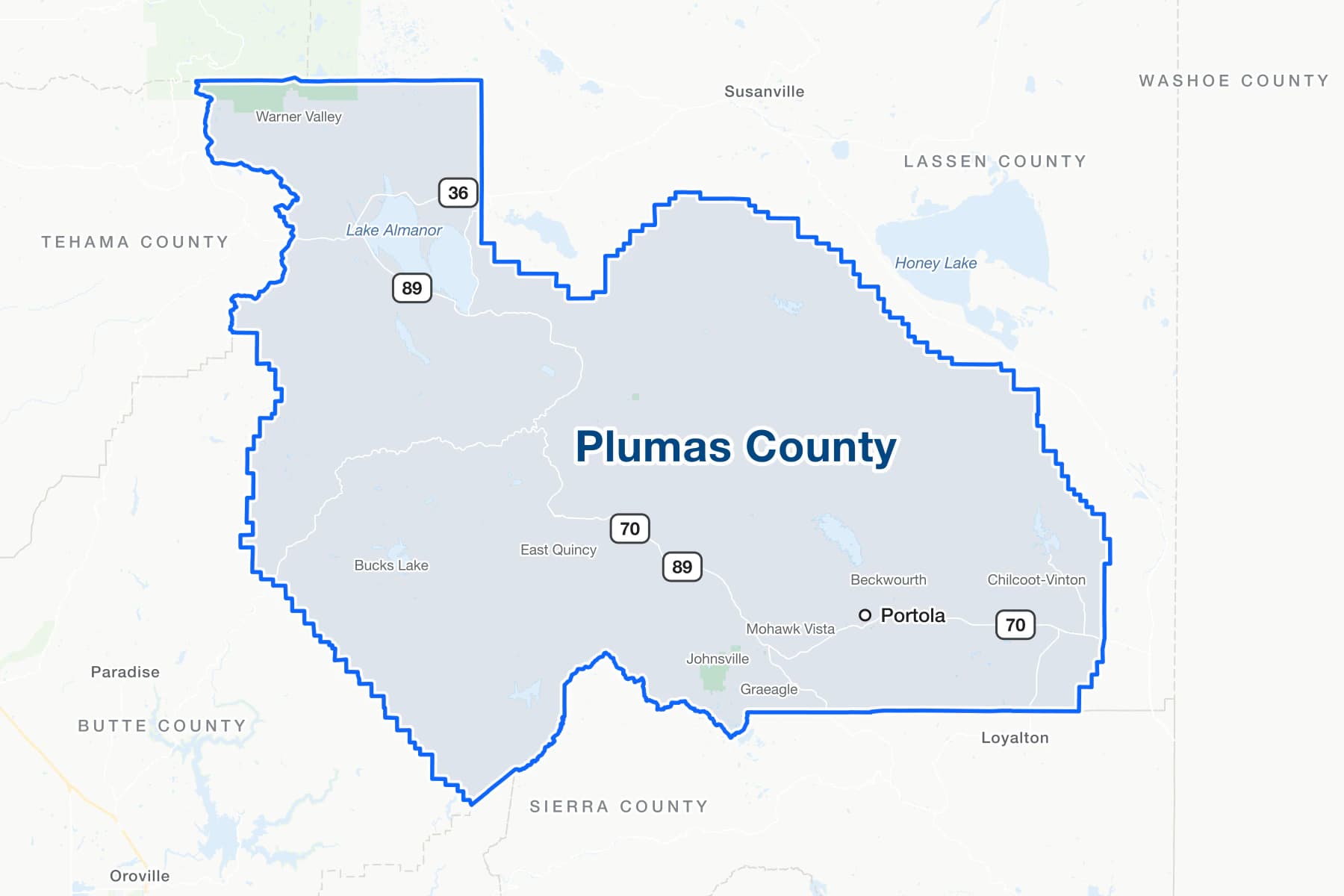Map of Plumas County, California, showing Portola, East Quincy, Graeagle and Lake Almanor, with State Routes 70, 89 and 36, and the communities of Beckwourth, Johnsville and Bucks Lake.