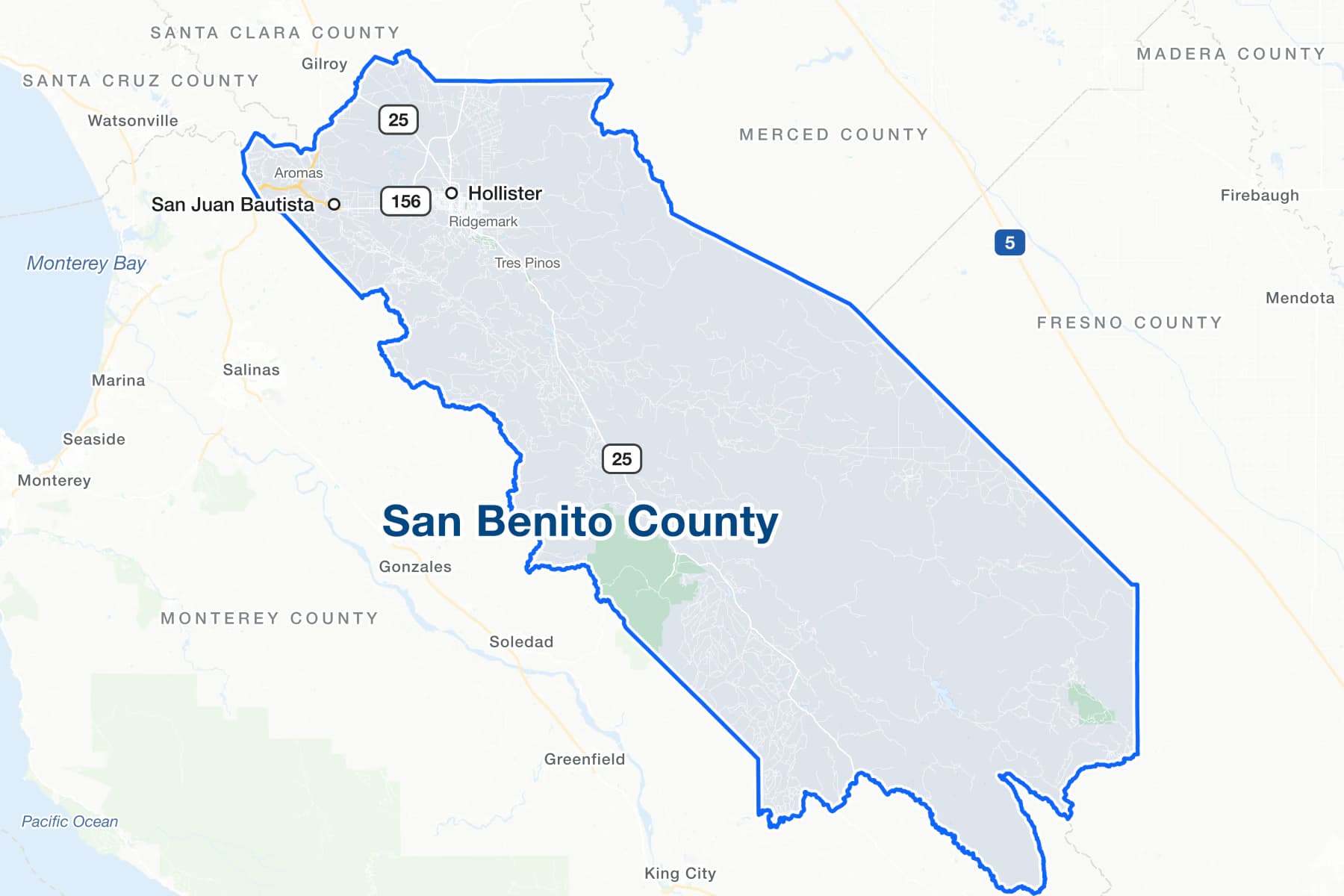 Map of San Benito County, California, showing Hollister and San Juan Bautista, with State Routes 156 and 25, and the communities of Aromas, Tres Pinos and Ridgemark.