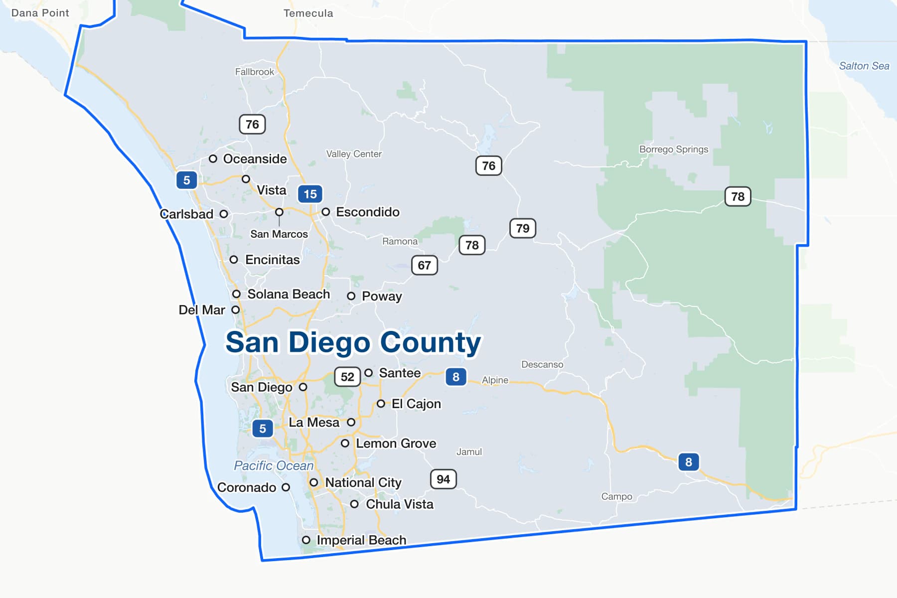 Map of San Diego County, California, showing San Diego, Chula Vista, Oceanside, Escondido, Carlsbad, El Cajon, Vista, San Marcos and other cities, with Interstates 5, 8 and 15, State Routes 52, 67, 76, 78, 79 and 94, and the Pacific Ocean.