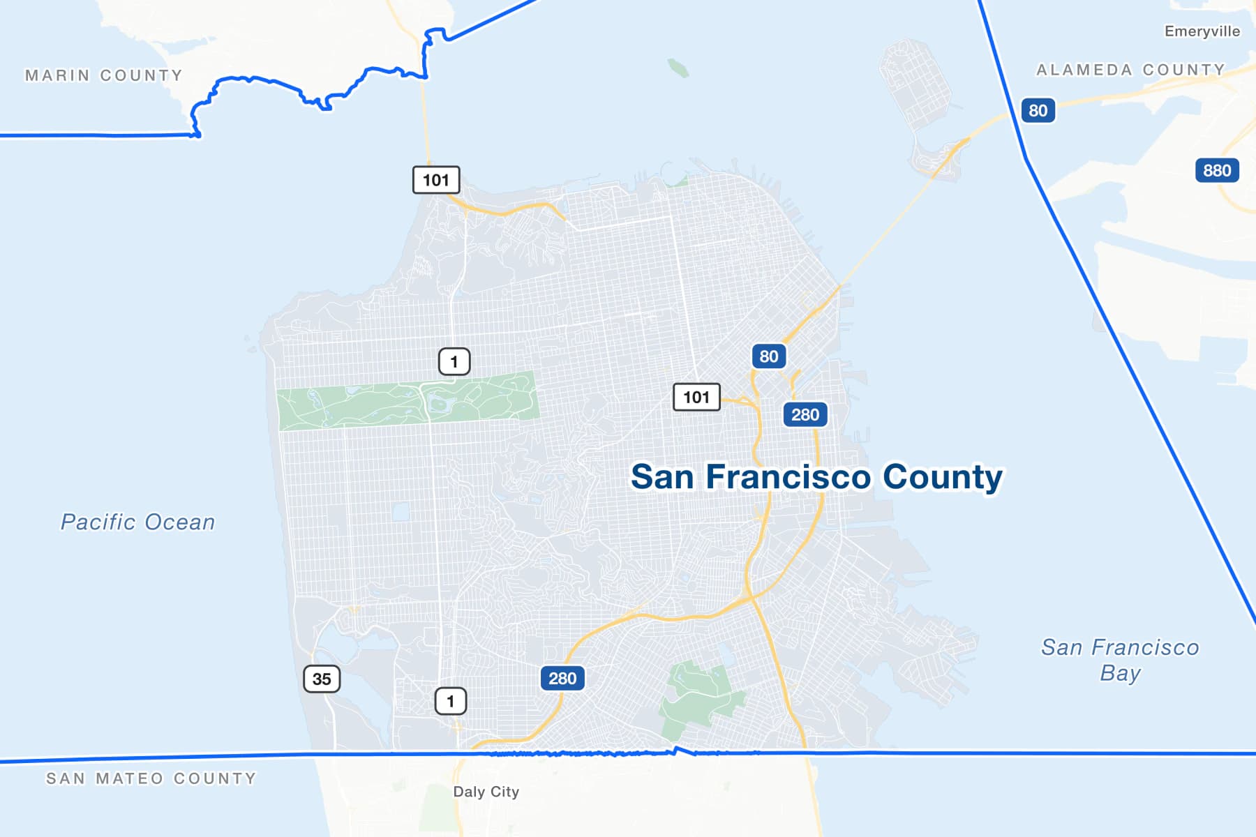 Map of San Francisco County, California, with Interstates 80 and 280, US 101, State Routes 1 and 35, San Francisco Bay and the Pacific Ocean, and Daly City, Emeryville and Marin, Alameda and San Mateo counties beyond the county line.