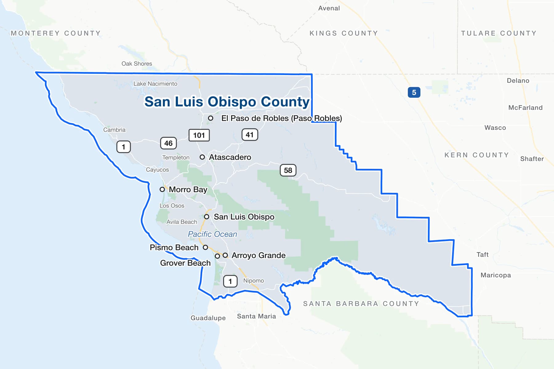 Map of San Luis Obispo County, California, showing San Luis Obispo, Paso Robles, Atascadero, Arroyo Grande, Grover Beach, Morro Bay and Pismo Beach on the Pacific Ocean, with US 101 and State Routes 1, 41, 46 and 58.