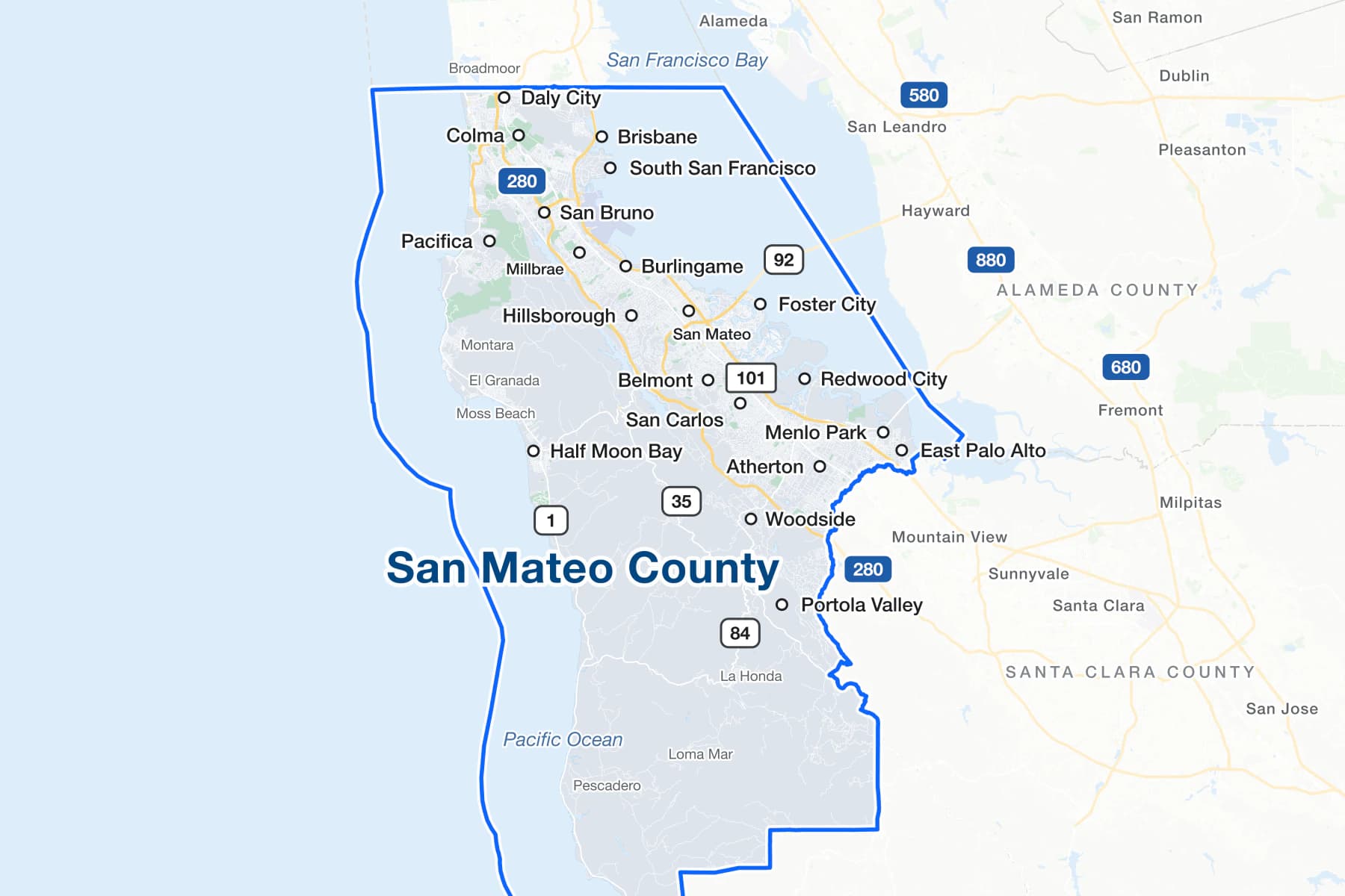 Map of San Mateo County, California, showing Daly City, South San Francisco, Pacifica, San Bruno, Millbrae, Burlingame, San Mateo, Foster City, Belmont, San Carlos, Redwood City, Menlo Park, East Palo Alto and Half Moon Bay, with Interstate 280, US 101, State Routes 1, 35, 84 and 92, San Francisco Bay and the Pacific Ocean.