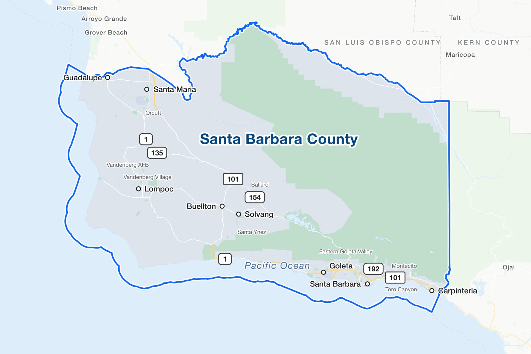 Карта округа Санта-Барбара, Калифорния, с городами Santa Maria, Guadalupe, Lompoc, Buellton, Solvang, Goleta, Santa Barbara и Carpinteria, трассой US 101, дорогами штата 1, 135, 154 и 192, Тихим океаном и посёлками Orcutt, Vandenberg Village, Santa Ynez и Montecito.