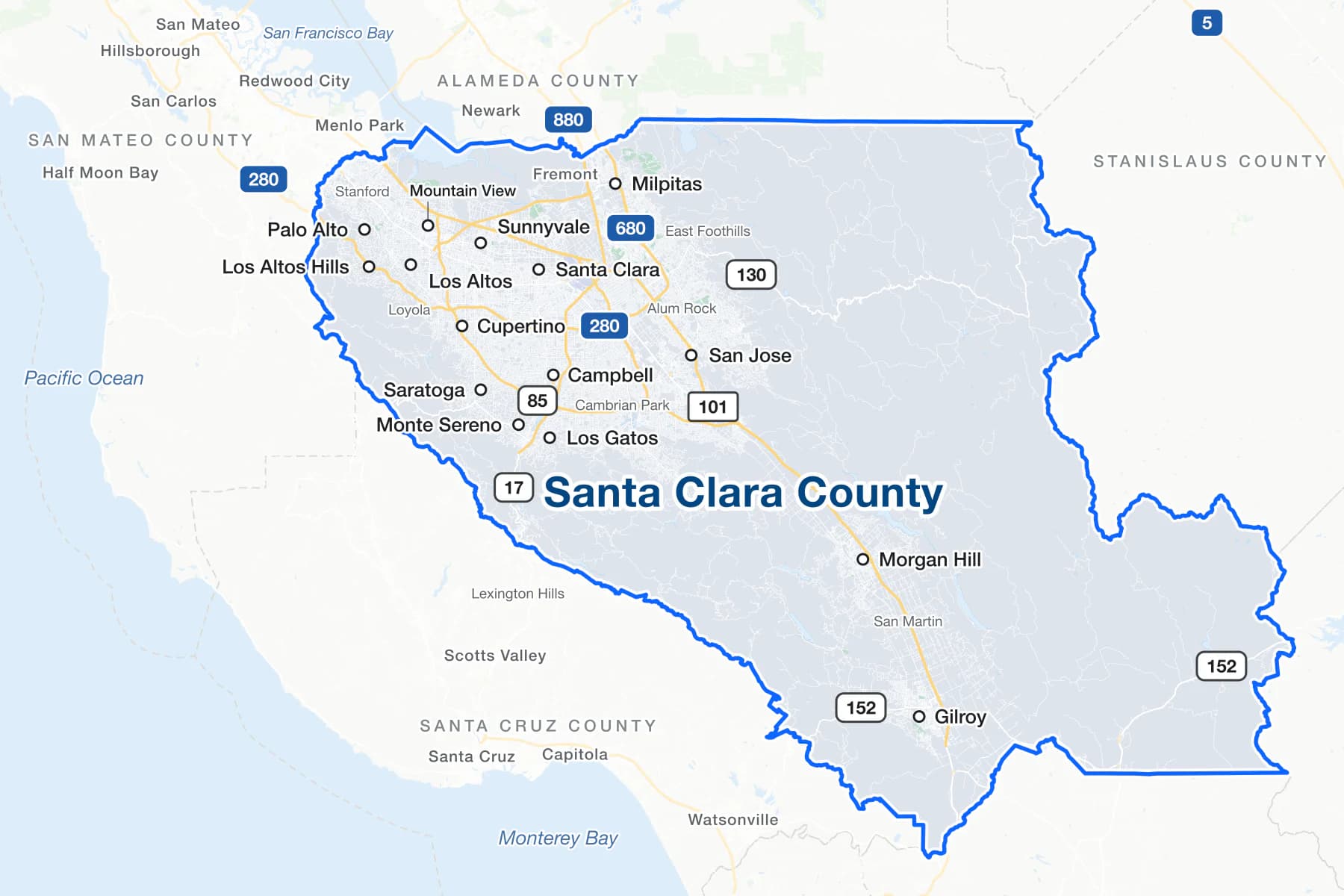 Map of Santa Clara County, California, showing San Jose, Sunnyvale, Santa Clara, Mountain View, Milpitas, Palo Alto, Gilroy, Cupertino, Morgan Hill, Campbell, Los Gatos, Los Altos, Saratoga, Los Altos Hills and Monte Sereno, with Interstates 280, 880 and 680, US 101, State Routes 85, 17, 152 and 130, and San Francisco Bay.