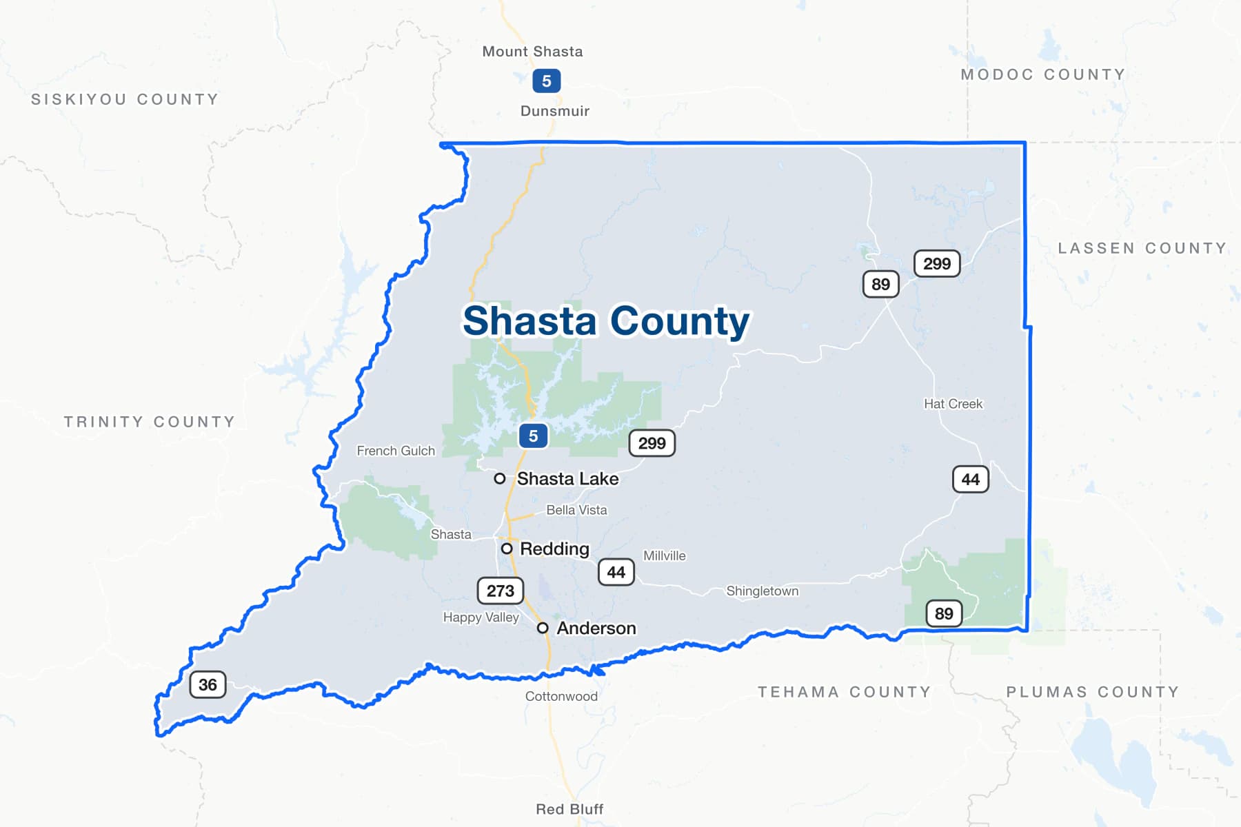 Map of Shasta County, California, showing Redding, Anderson and Shasta Lake, with Interstate 5, State Routes 299, 44, 273, 89 and 36, and the communities of Cottonwood, Happy Valley, Bella Vista, Shingletown, Millville and Hat Creek.