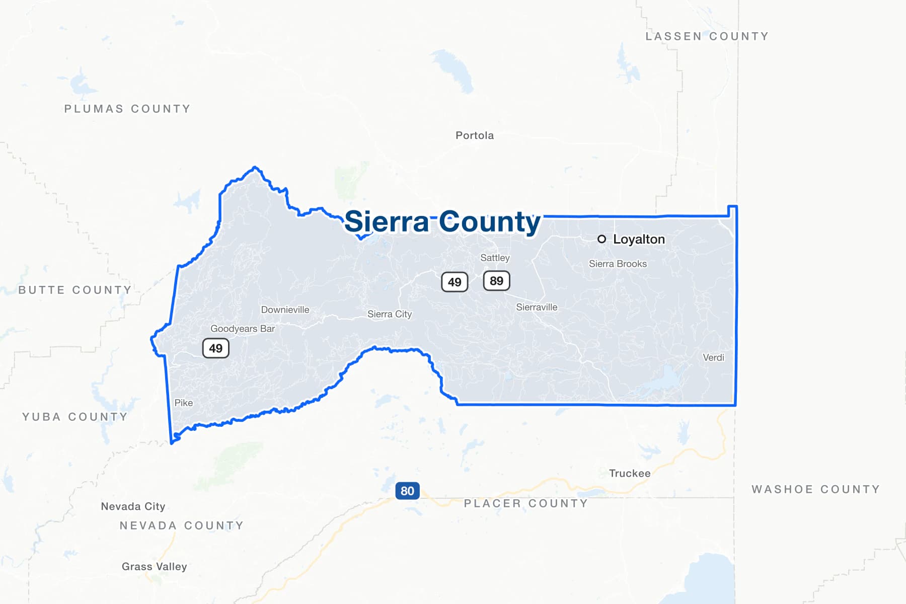 Map of Sierra County, California, showing Loyalton, Downieville, Sierra City, Sierraville and Sattley, with State Routes 49 and 89.