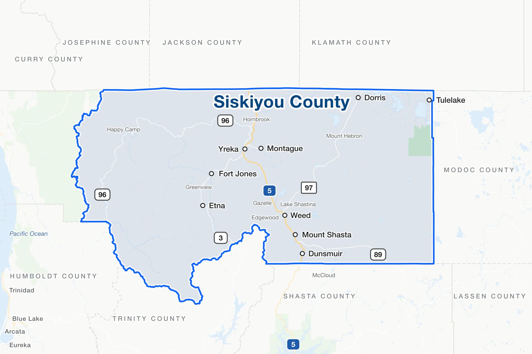 Карта округа Сискию, Калифорния, с Yreka, Mount Shasta, Weed, Dunsmuir, Dorris и Tulelake, Interstate 5, US 97 и дорогами штата 3, 89 и 96.