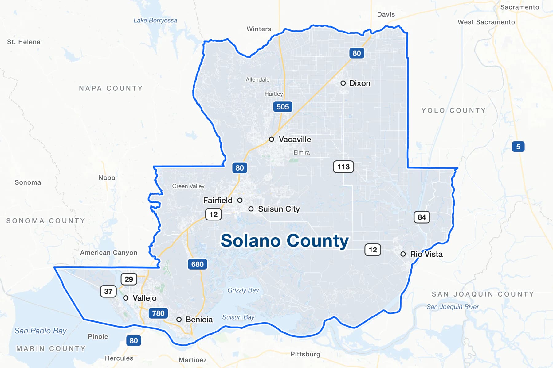 Map of Solano County, California, showing Vallejo, Fairfield, Vacaville, Suisun City, Benicia, Dixon and Rio Vista, with Interstates 80, 505, 680 and 780, State Routes 12, 37 and 113, and San Pablo Bay, Suisun Bay and Lake Berryessa.