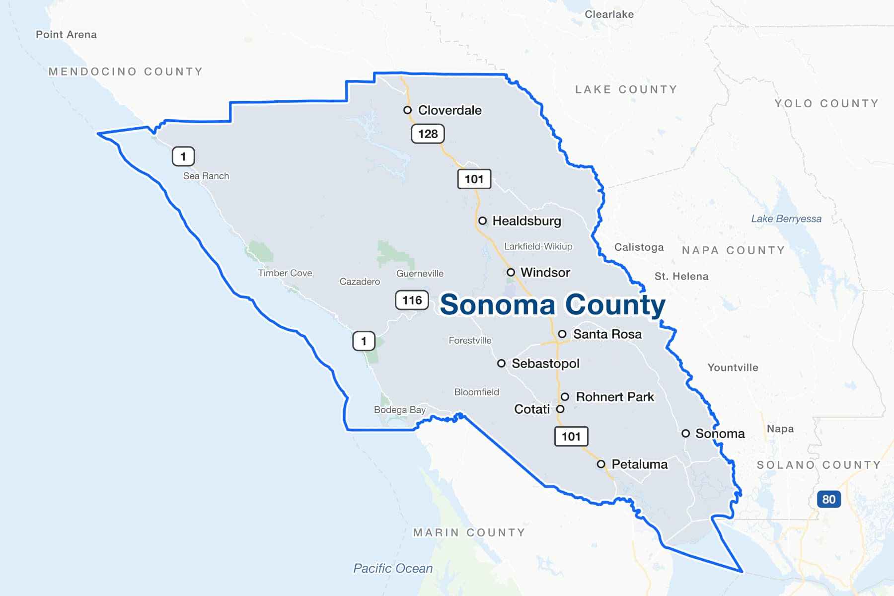 Map of Sonoma County, California, showing Santa Rosa, Petaluma, Rohnert Park, Windsor, Healdsburg, Sonoma, Cloverdale, Sebastopol and Cotati, with US 101, State Routes 1, 116 and 128, and the Pacific Ocean.