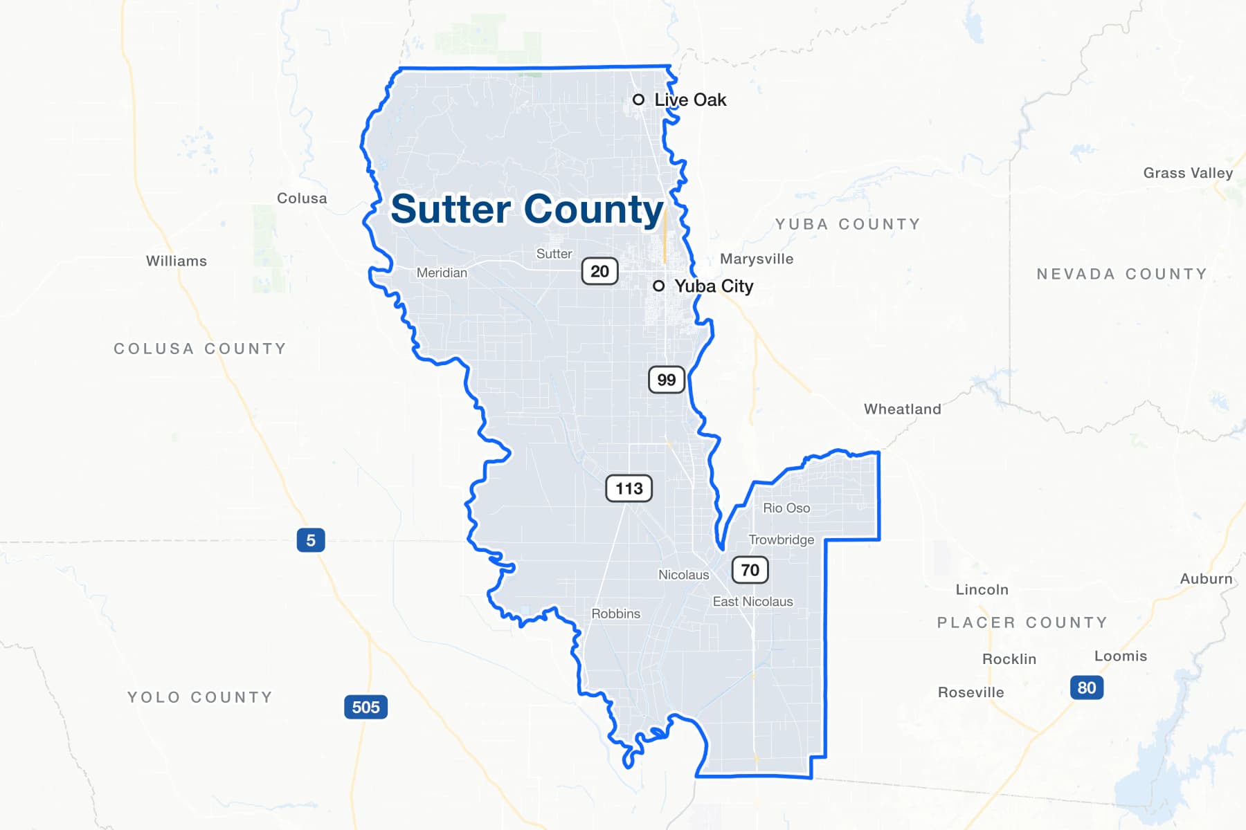 Map of Sutter County, California, showing Yuba City and Live Oak, with State Routes 99, 113, 70 and 20, and the communities of Sutter, Meridian, Robbins and Nicolaus.