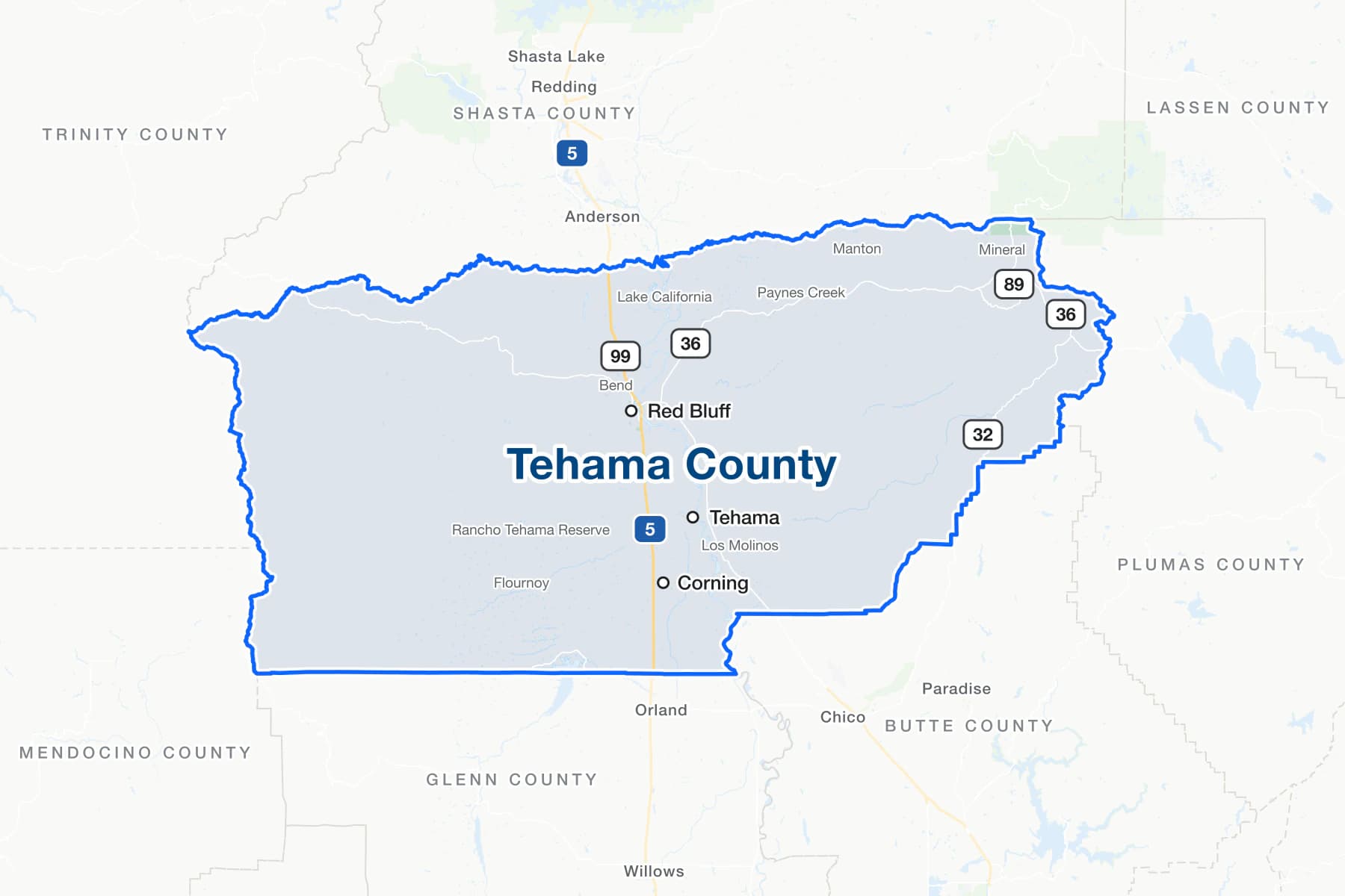 Map of Tehama County, California, showing Red Bluff, Corning and Tehama, with Interstate 5 and State Routes 99, 36, 32 and 89, and the communities of Los Molinos, Mineral, Manton and Paynes Creek.