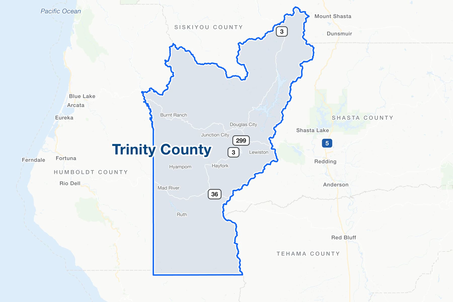Map of Trinity County, California, showing Hayfork, Lewiston, Douglas City, Junction City, Burnt Ranch and Mad River, with State Routes 299, 36 and 3.