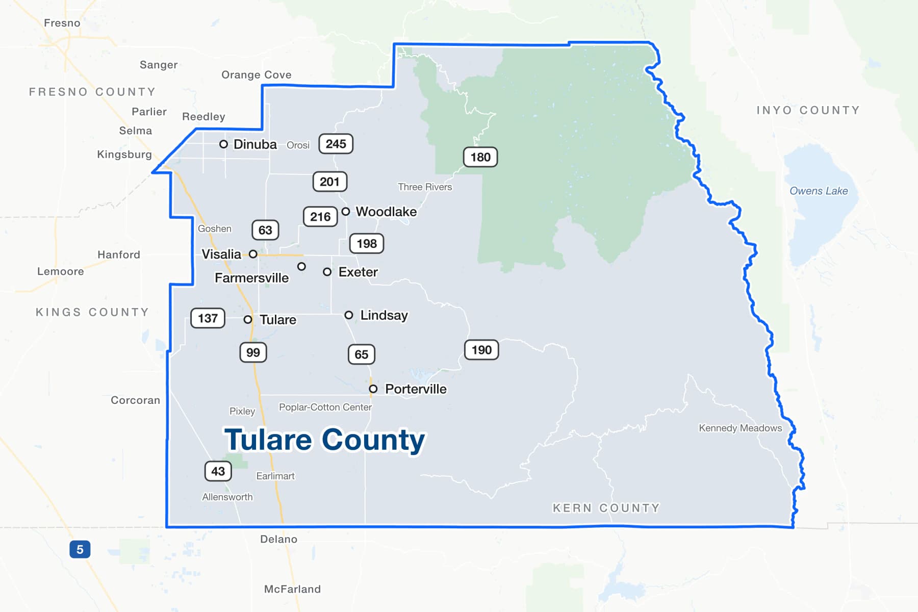 Map of Tulare County, California, showing Visalia, Tulare, Porterville, Dinuba, Lindsay, Farmersville, Exeter and Woodlake, with State Routes 43, 63, 65, 99, 137, 180, 190, 198, 201, 216 and 245.
