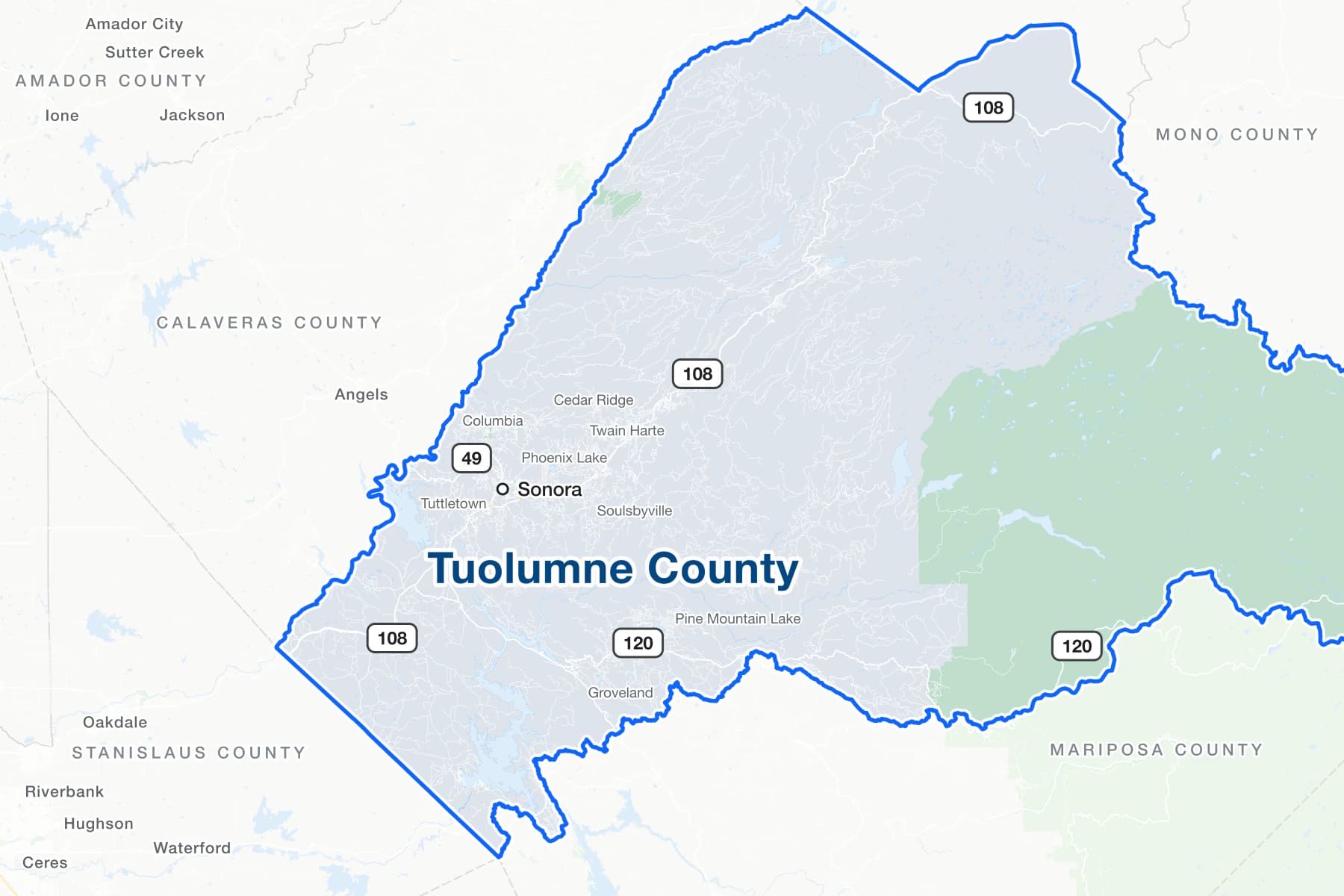 Map of Tuolumne County, California, showing Sonora, with State Routes 108, 120 and 49, and the communities of Groveland, Columbia, Twain Harte, Tuttletown and Soulsbyville.