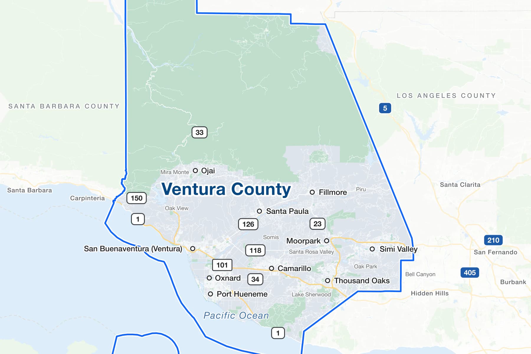 Карта округа Вентура, Калифорния, с городами Ventura, Oxnard, Camarillo, Port Hueneme, Thousand Oaks, Simi Valley, Moorpark, Santa Paula, Fillmore и Ojai на берегу Тихого океана, трассой US 101 и дорогами штата 1, 23, 33, 34, 118, 126 и 150.