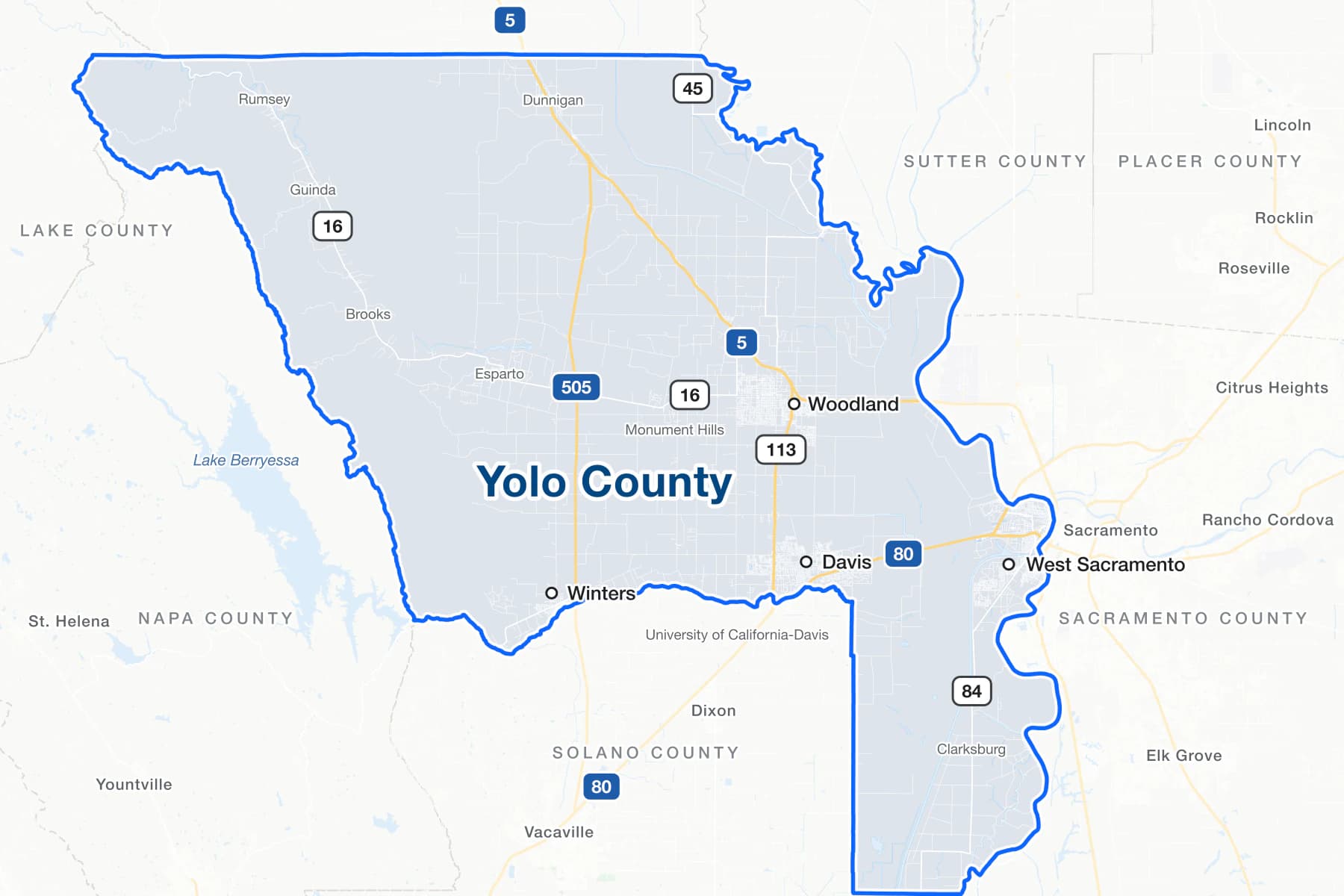 Map of Yolo County, California, showing Davis, Woodland, West Sacramento and Winters, with Interstates 5, 80 and 505, State Routes 16, 45, 84 and 113, and Lake Berryessa just past the western county line.