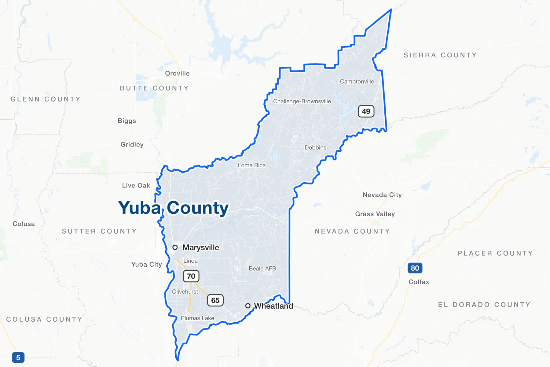Map of Yuba County, California, showing Marysville and Wheatland, with State Routes 70, 65 and 49, and the communities of Linda, Olivehurst, Plumas Lake, Loma Rica, Dobbins and Beale AFB.