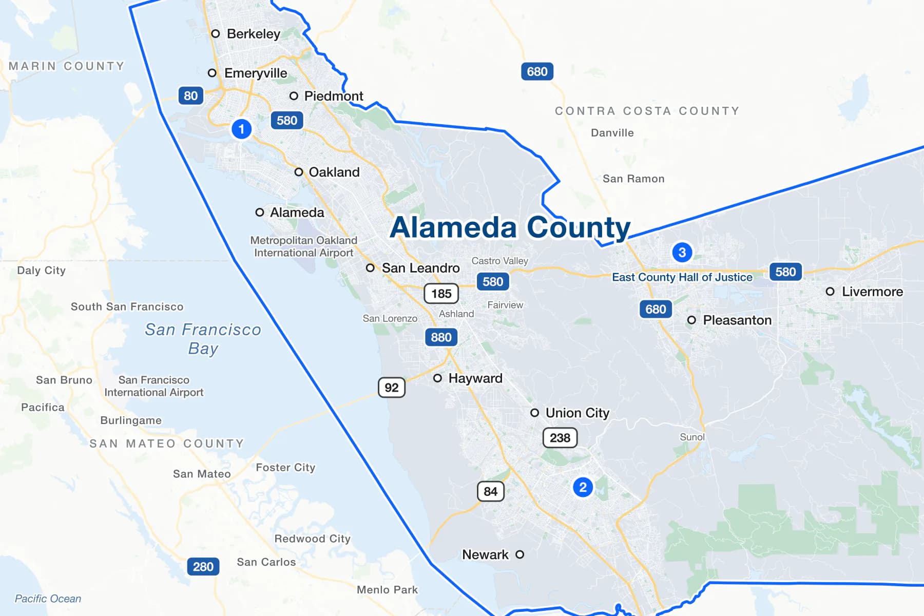 Map of Alameda County, California, with numbered pins at the Wiley W. Manuel Courthouse in Oakland, the Fremont Hall of Justice and the East County Hall of Justice in Dublin.