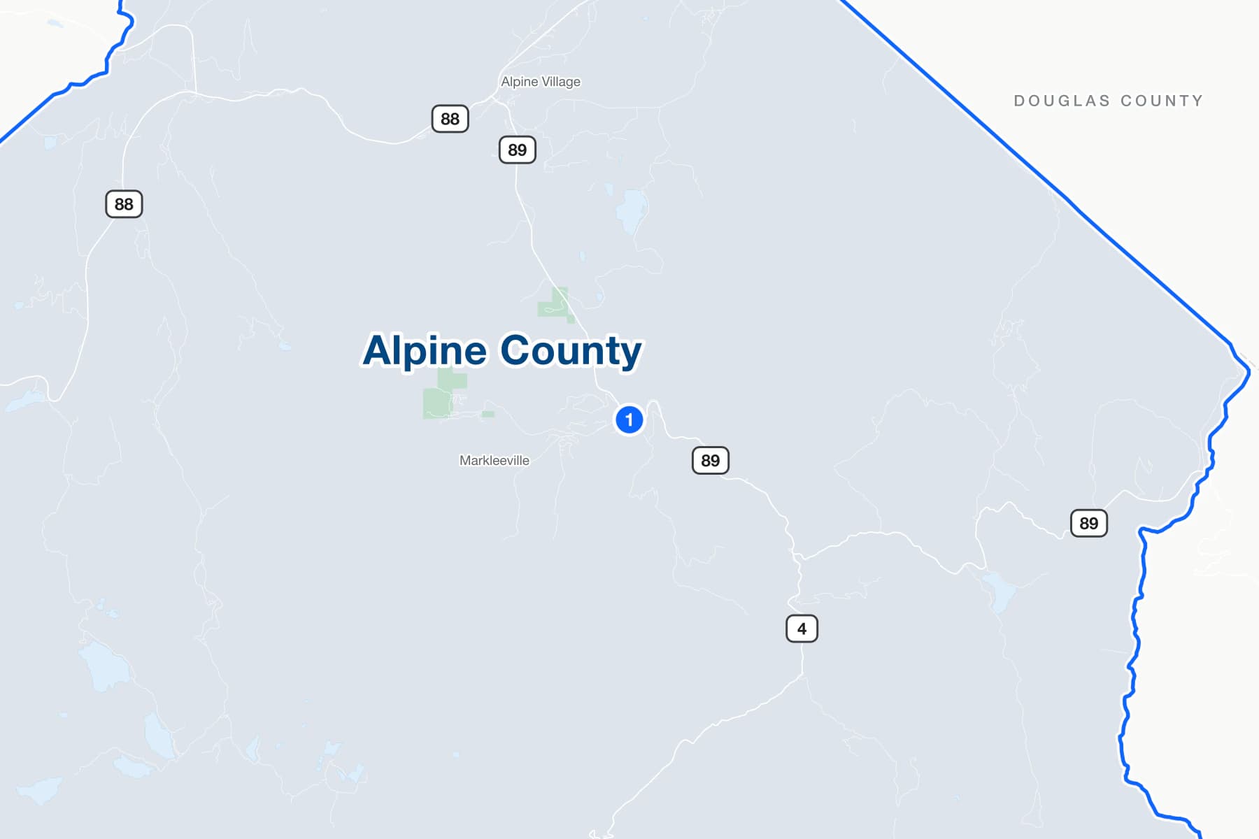 Map of Markleeville, California, with a numbered pin at the Alpine County Courthouse on State Route 89.