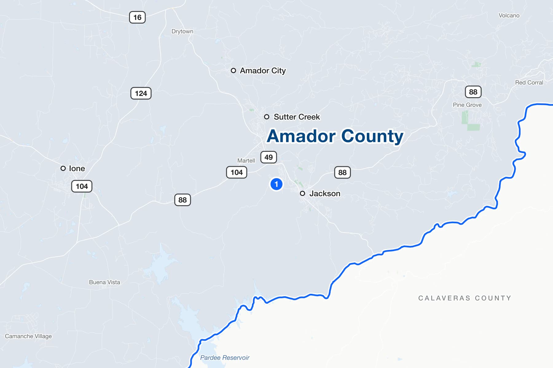 Map of Jackson, California, with a numbered pin at the Amador Superior Court on Argonaut Lane.