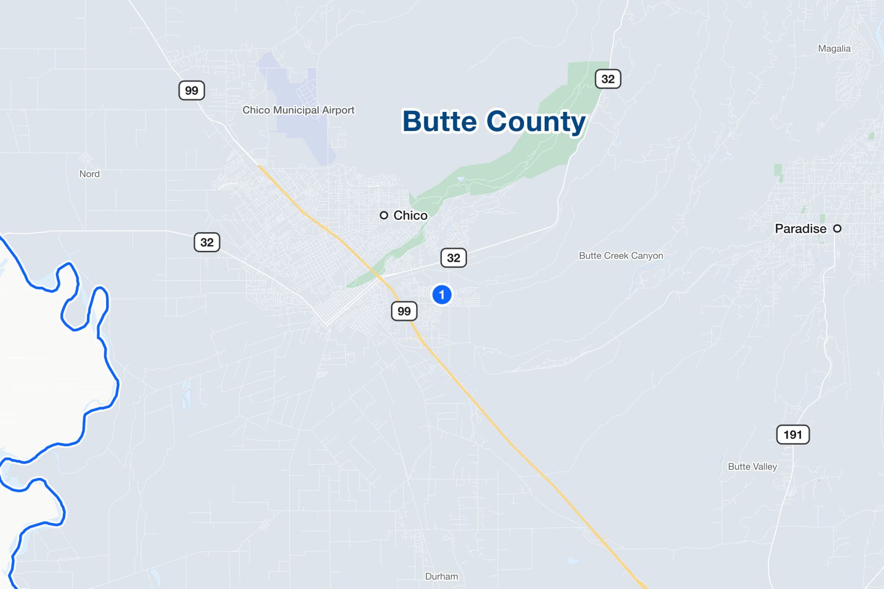 Map of Chico, California, with a numbered pin at the North Butte County Courthouse on Concord Avenue.
