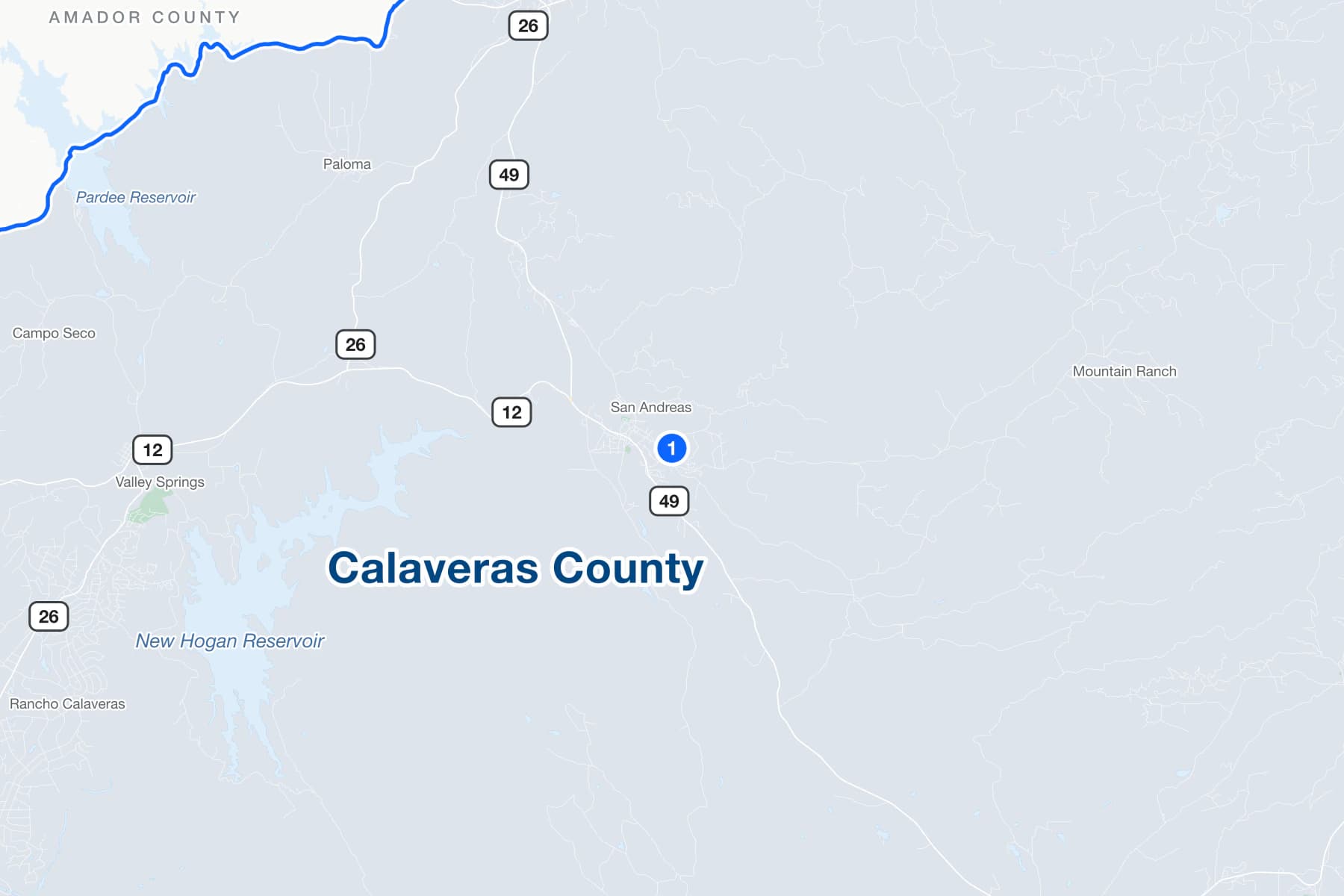 Map of San Andreas, California, with a numbered pin at the Calaveras Superior Court on Government Center Drive.