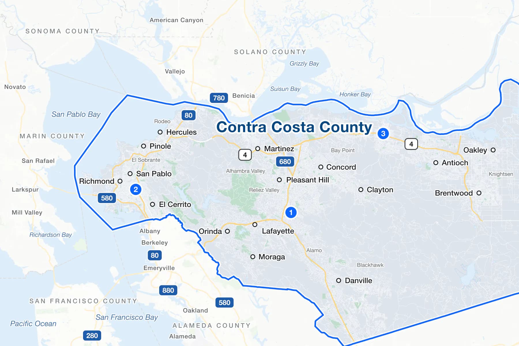 Map of Contra Costa County, California, with numbered pins at the traffic courthouses in Walnut Creek, Richmond and Pittsburg.