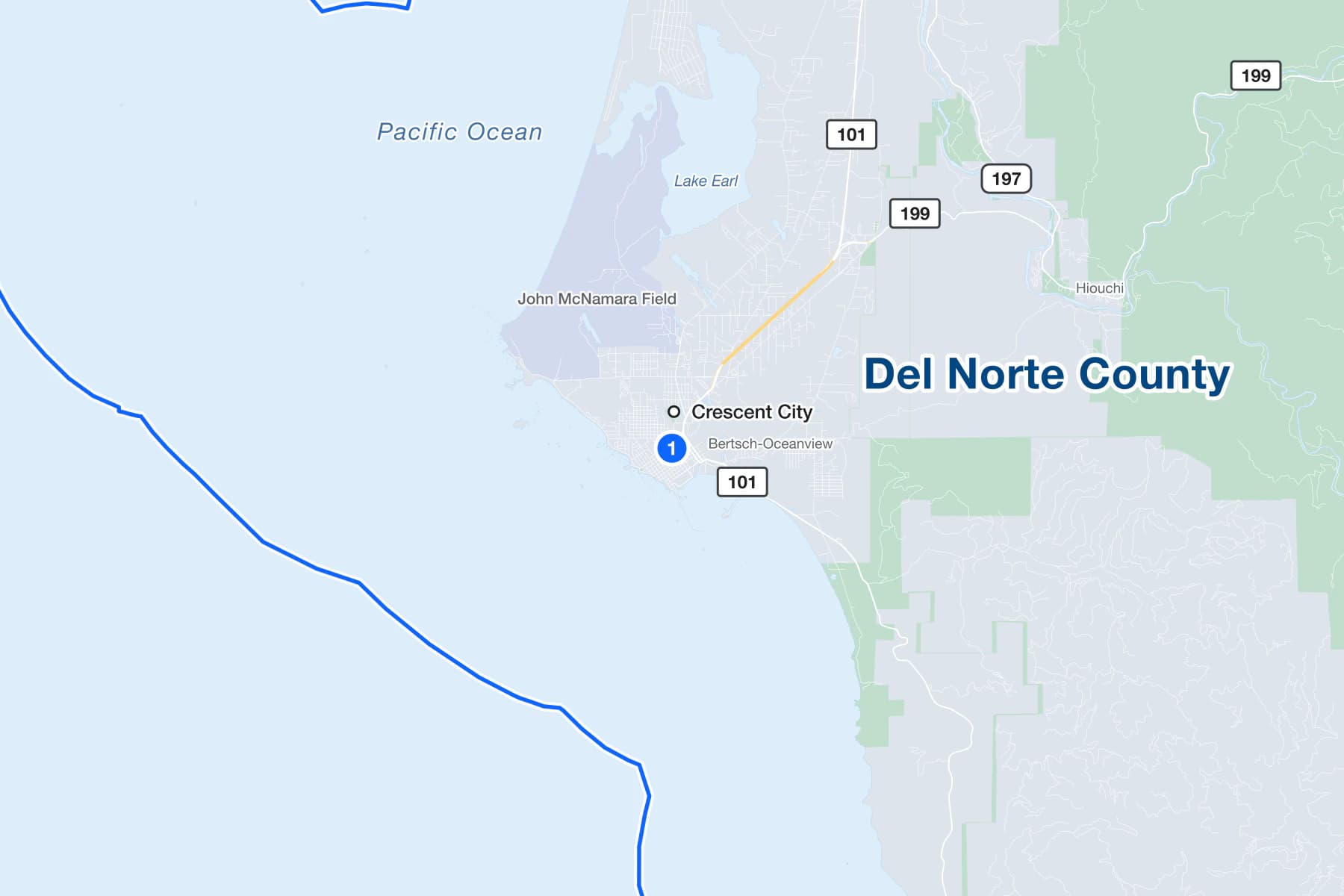 Map of Crescent City, California, with a numbered pin at the Del Norte County Courthouse on H Street.