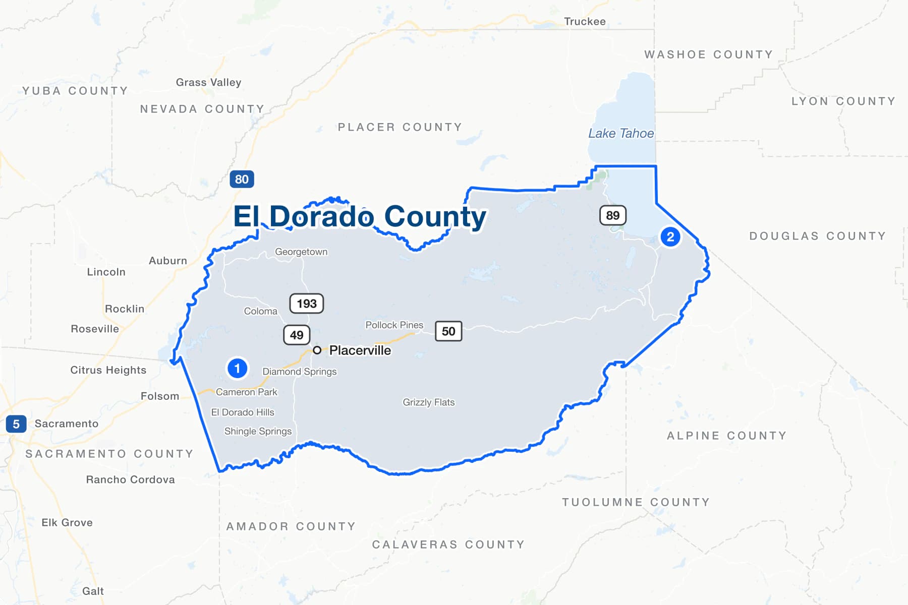 Mapa del condado de El Dorado, California, con marcadores numerados en el Cameron Park Branch y el South Lake Tahoe Branch.