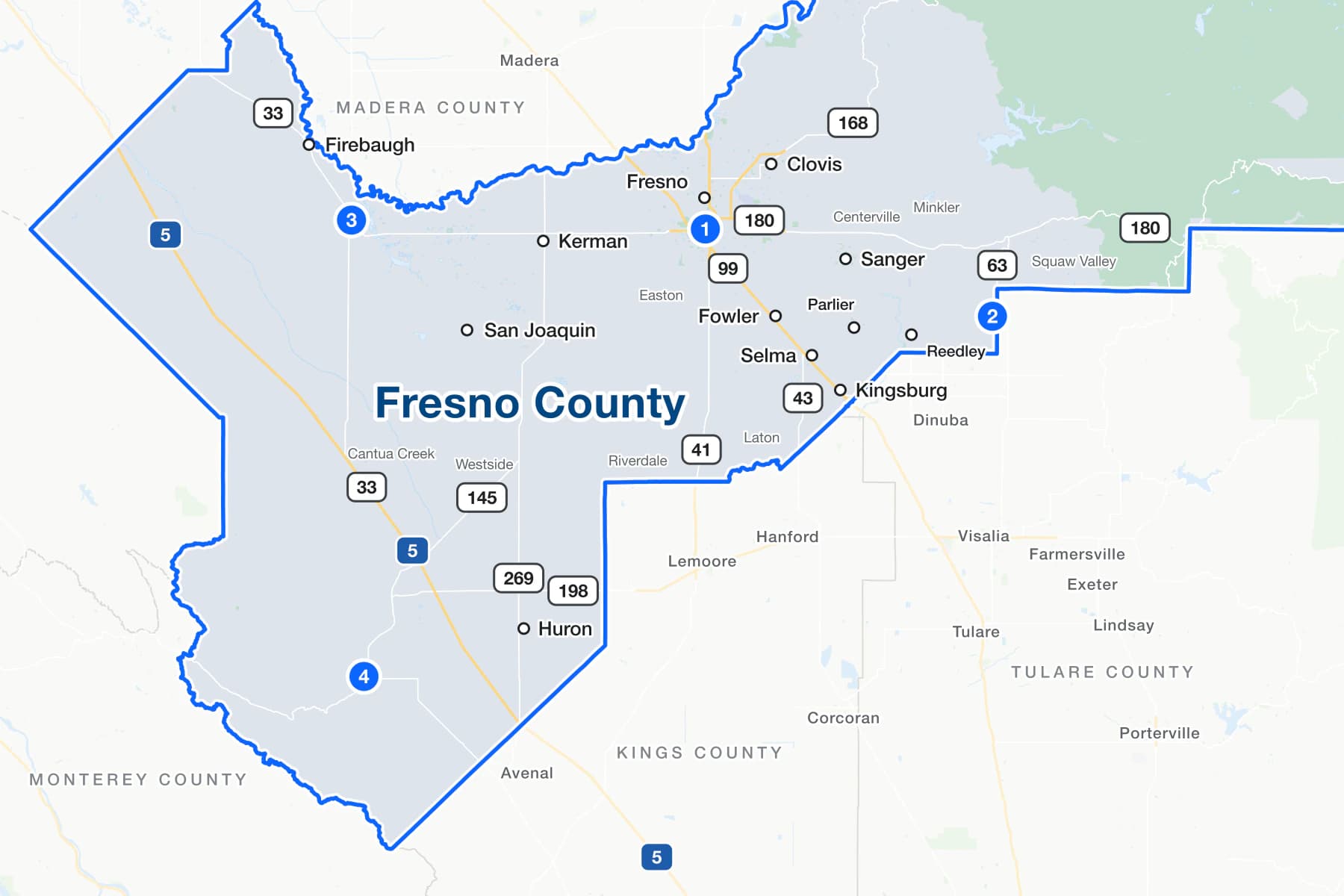 Mapa del condado de Fresno, California, con marcadores numerados en el M Street Courthouse de Fresno y en los sitios de Court ACCESS de Orange Cove, Mendota y Coalinga.