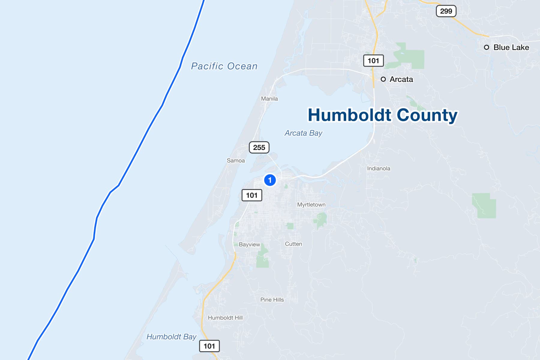 Mapa de Eureka, California, con un marcador numerado en la oficina de la secretaría del tribunal de Humboldt en I Street.