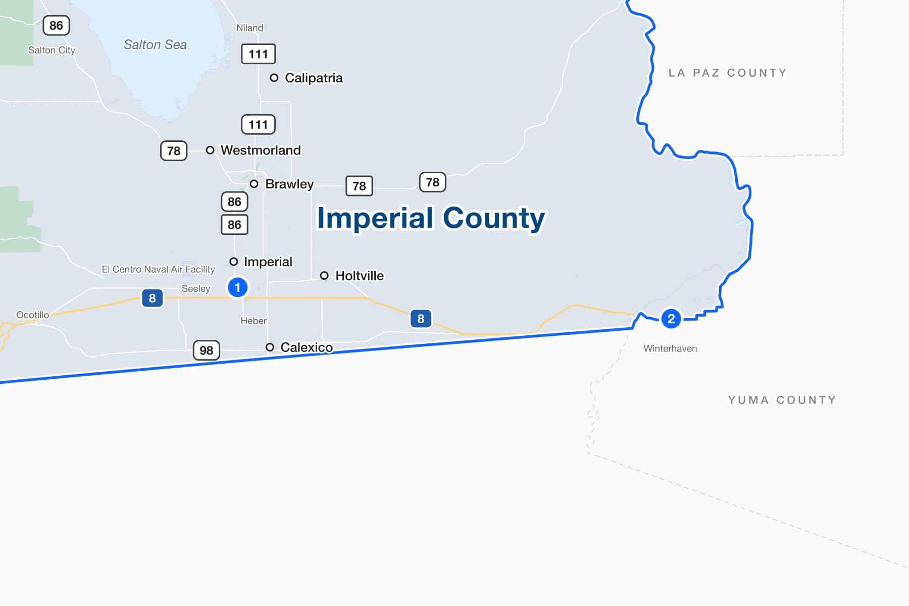 Map of Imperial County, California, with numbered pins at the El Centro Courthouse and Winterhaven Court.