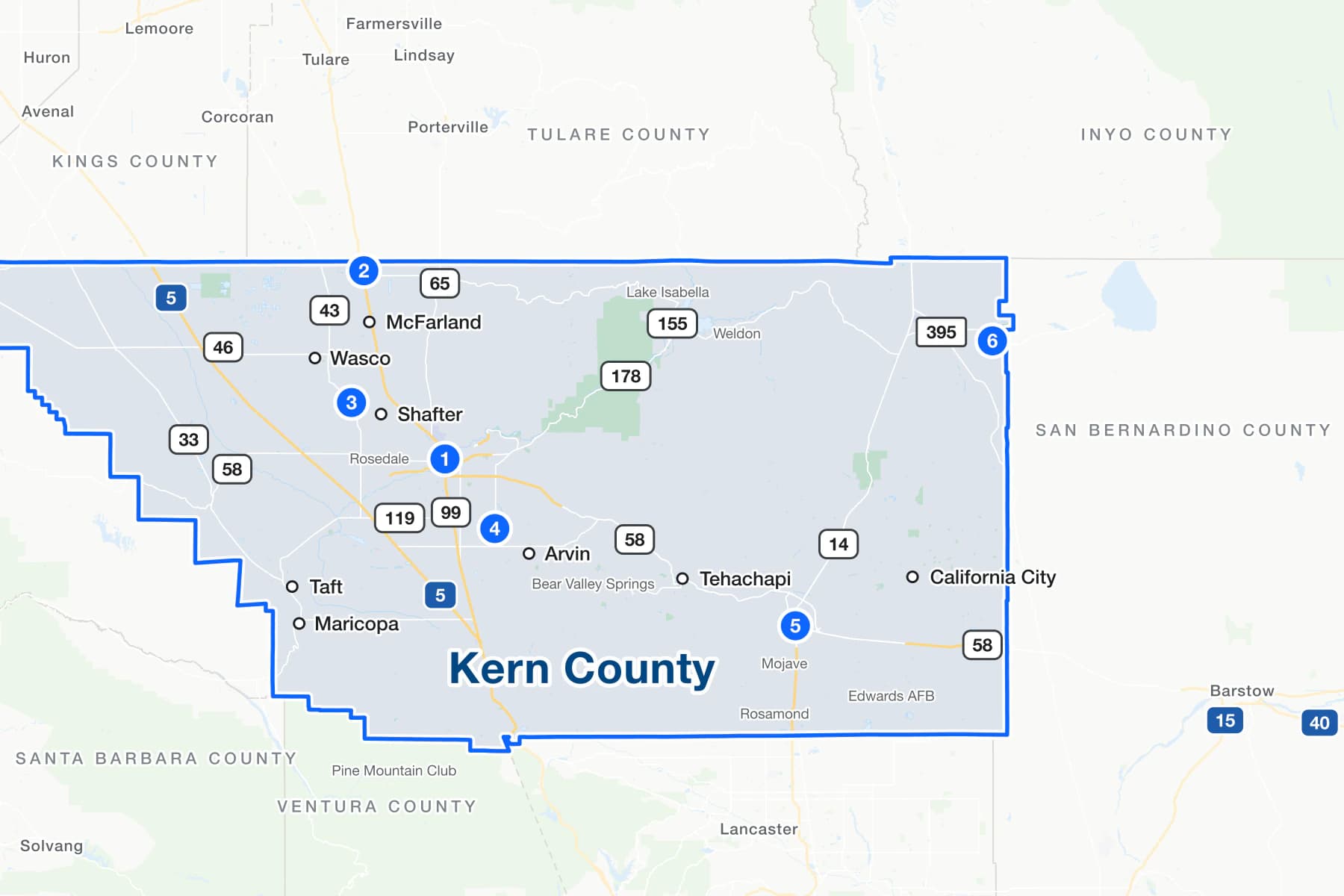 Mapa del condado de Kern, California, con marcadores numerados en las cortes de tránsito de Bakersfield, Delano, Shafter, Lamont, Mojave y Ridgecrest.
