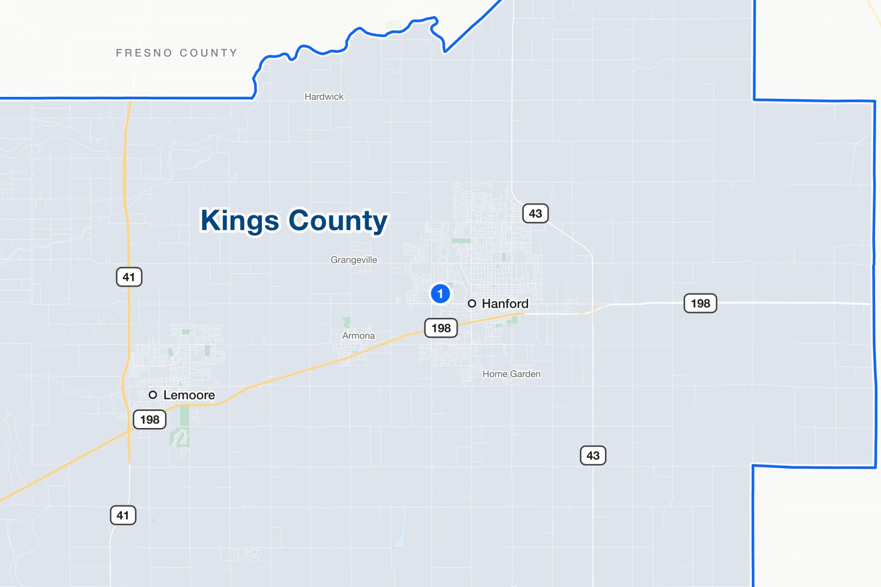 Map of Hanford, California, with a numbered pin at the Kings County Superior Court on Kings County Drive.