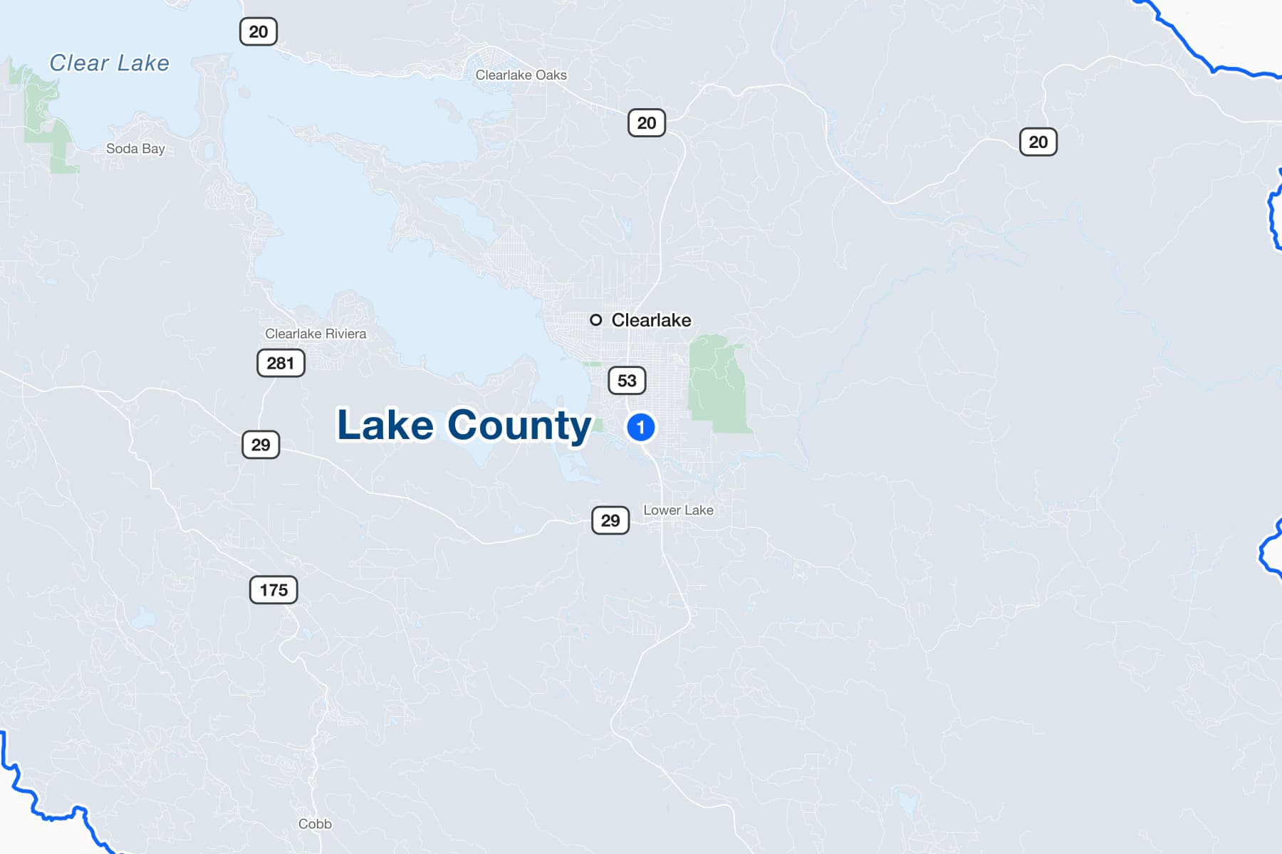 Map of Clearlake, California, with a numbered pin at the Lake County court's Clearlake Branch on South Center Drive.