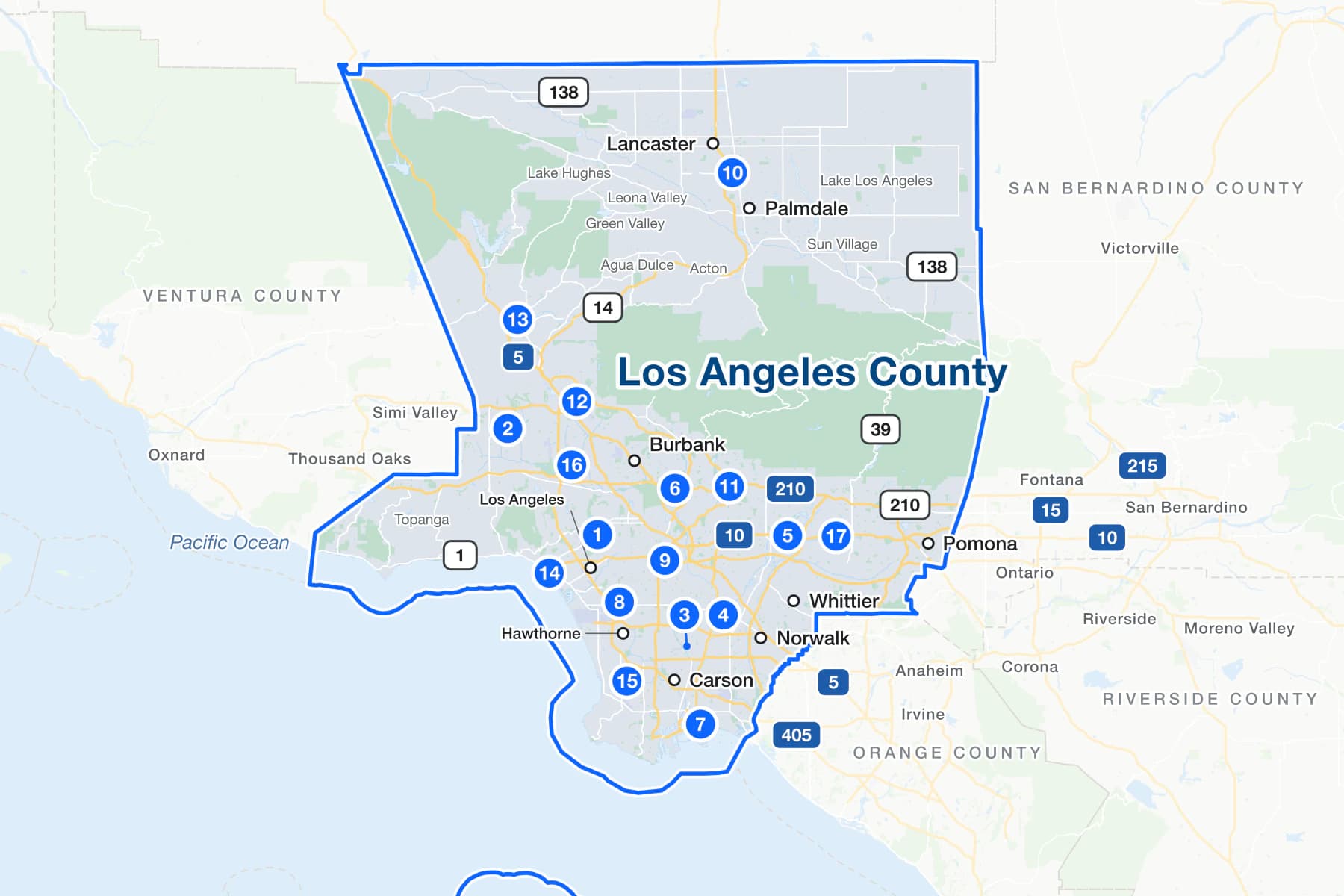 Map of Los Angeles County, California, with 17 numbered pins at the Superior Court's traffic courthouses, from Lancaster in the north to Long Beach in the south.
