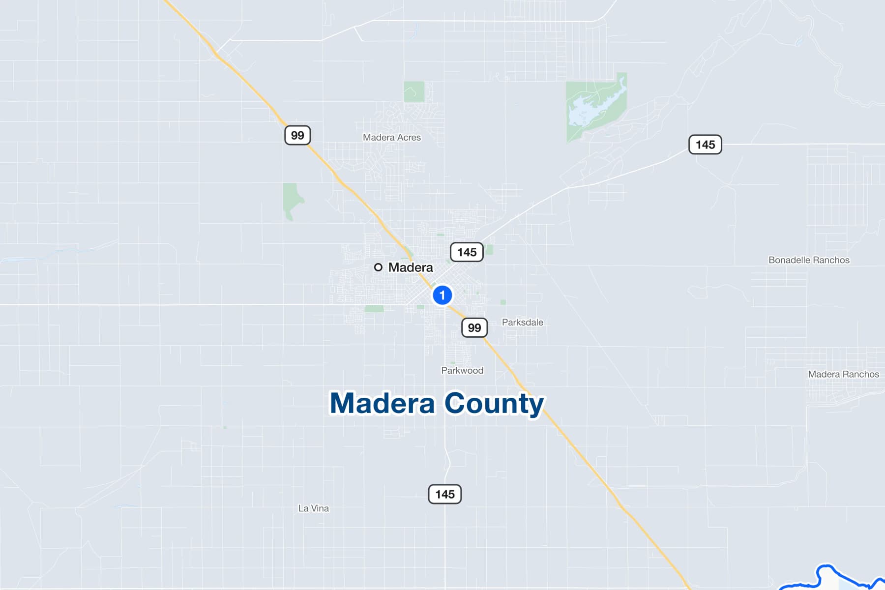 Mapa de Madera, California, con un marcador numerado en el Madera Superior Court de South G Street.