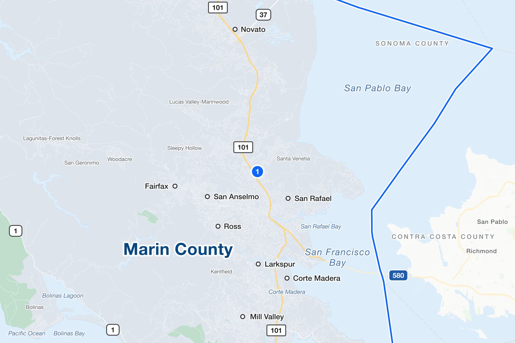 Map of San Rafael, California, with a numbered pin at the Marin County Civic Center Hall of Justice on Civic Center Drive.
