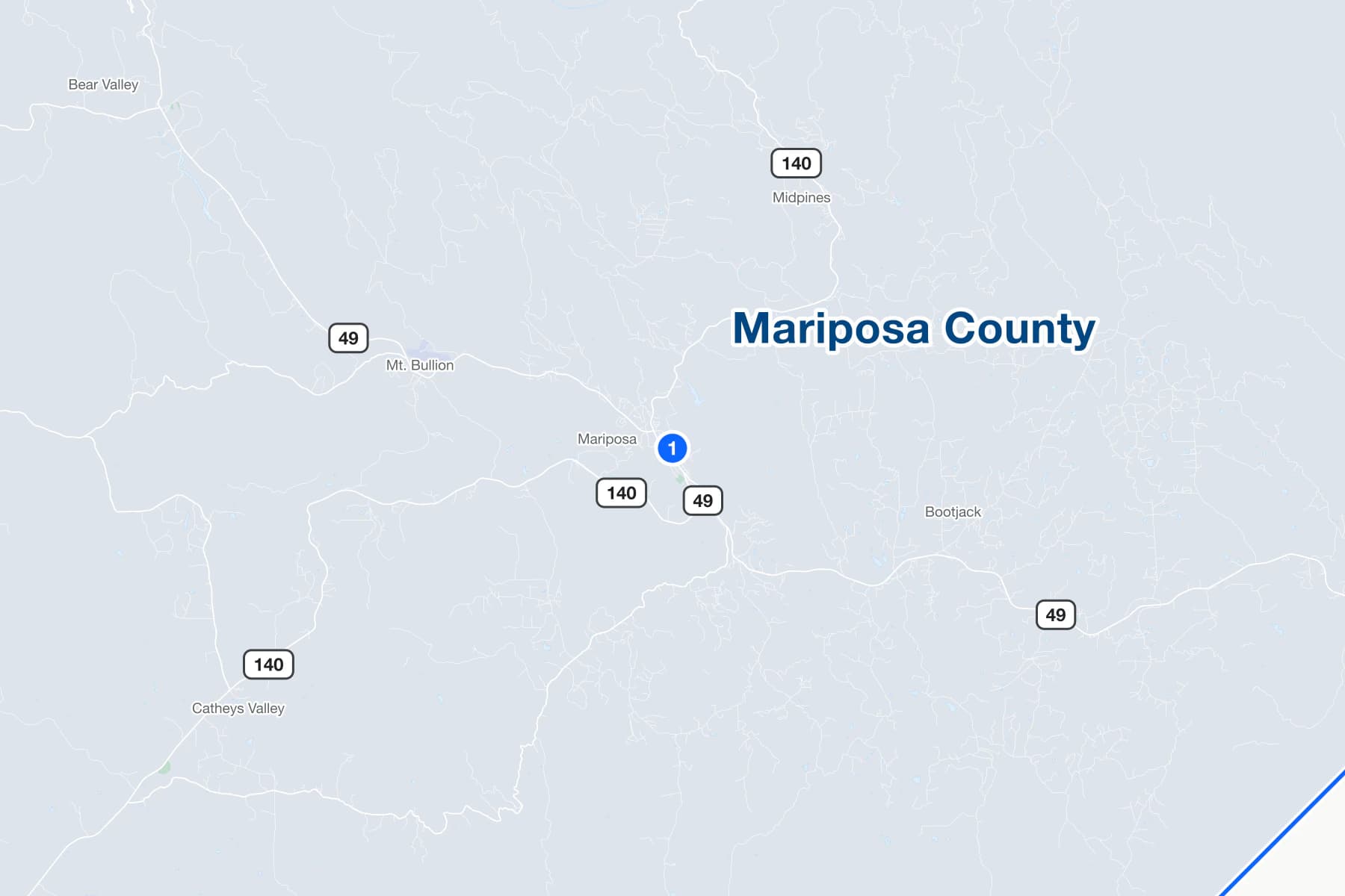 Map of the town of Mariposa, California, with a numbered pin at the Historic Courthouse on Bullion Street.