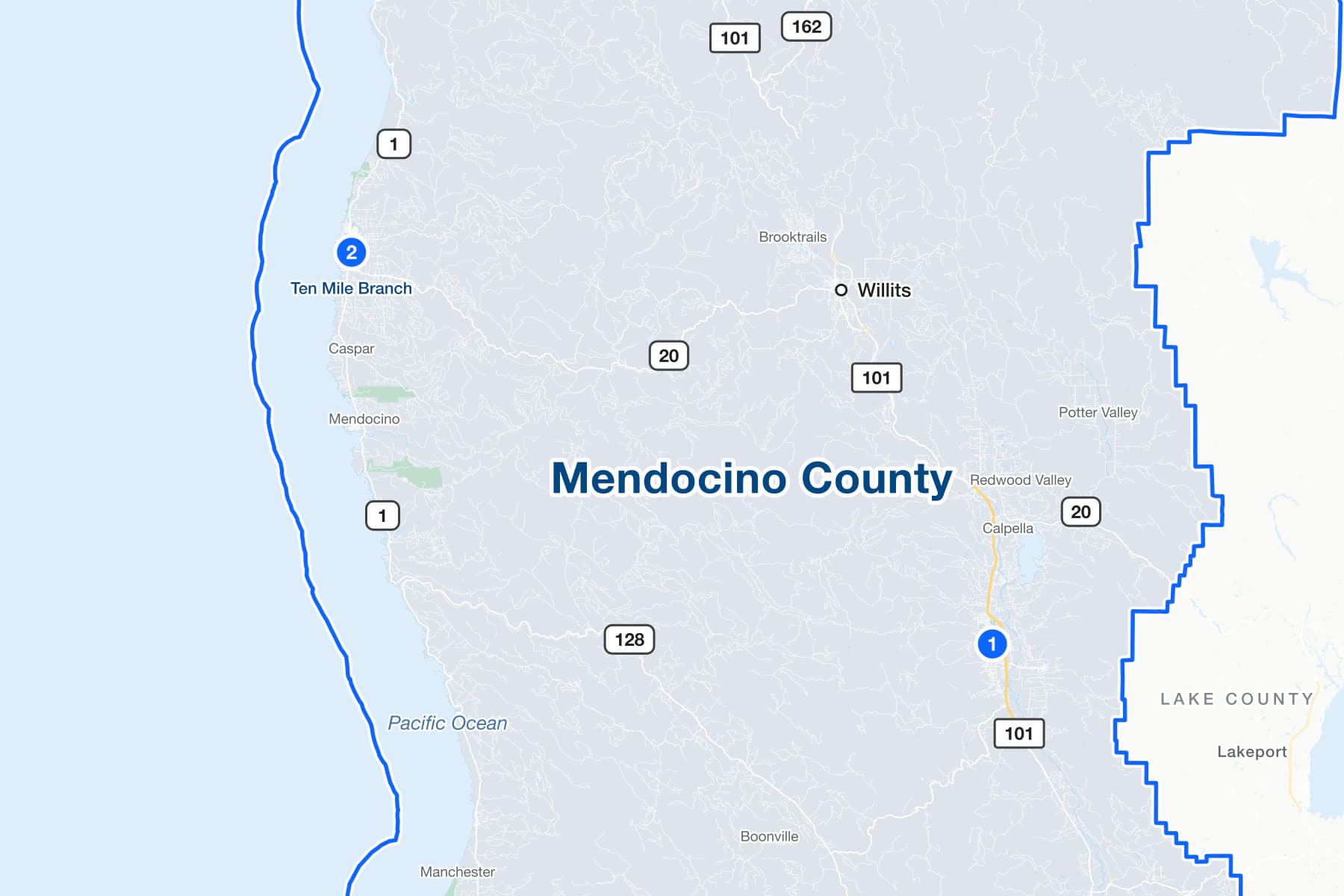 Map of Mendocino County, California, with numbered pins at the courthouse in Ukiah and the Ten Mile Branch in Fort Bragg.