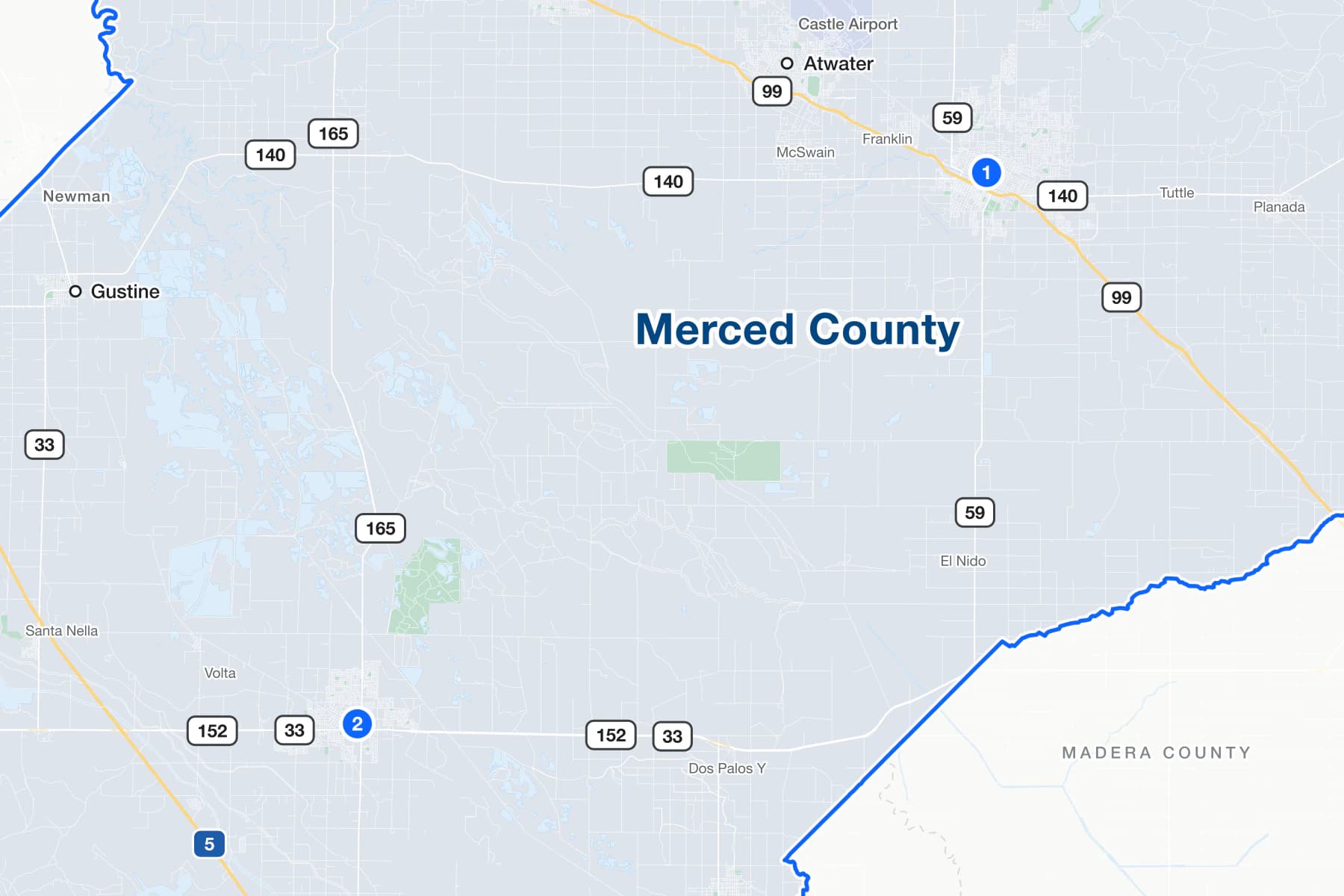 Map of Merced County, California, with numbered pins at the Traffic Building in Merced and the Falasco Justice Center in Los Banos.