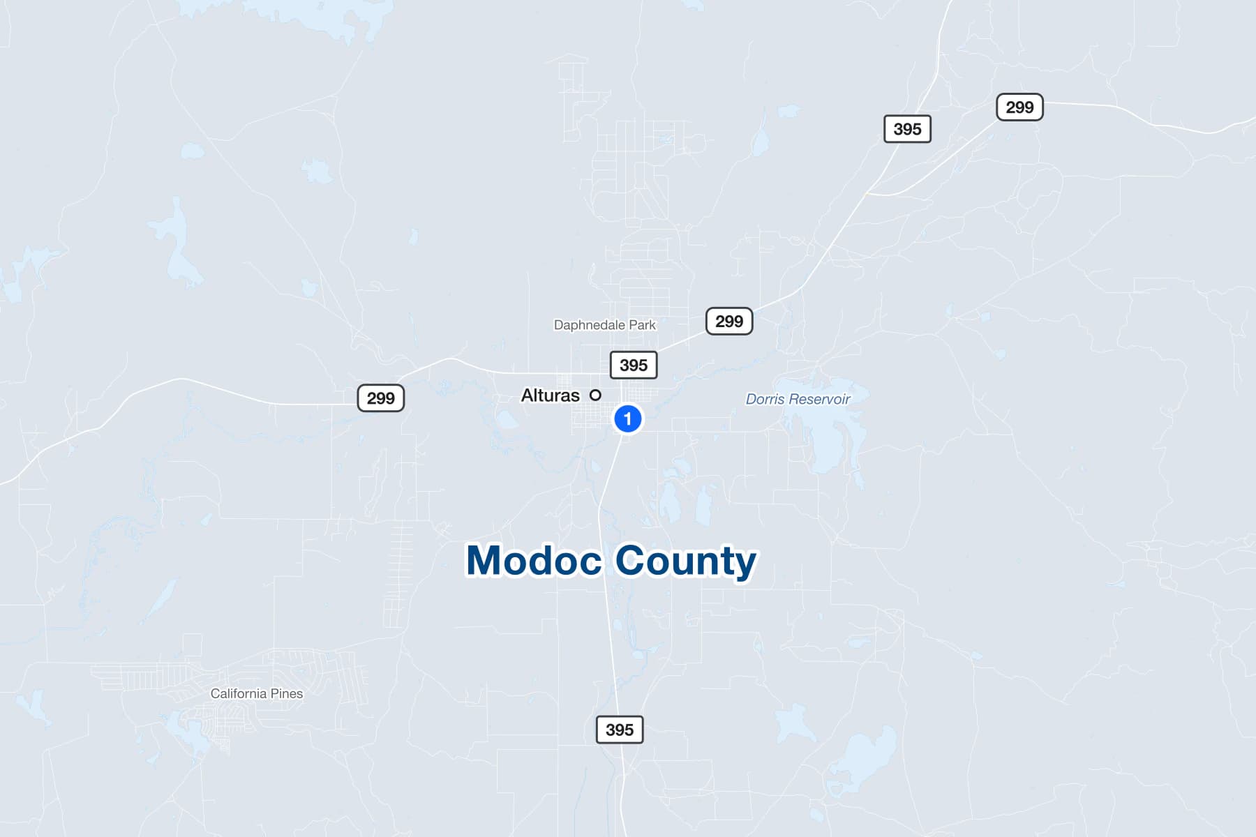 Mapa de Alturas, California, con un marcador numerado en el Robert A. Barclay Justice Center de South East Street.