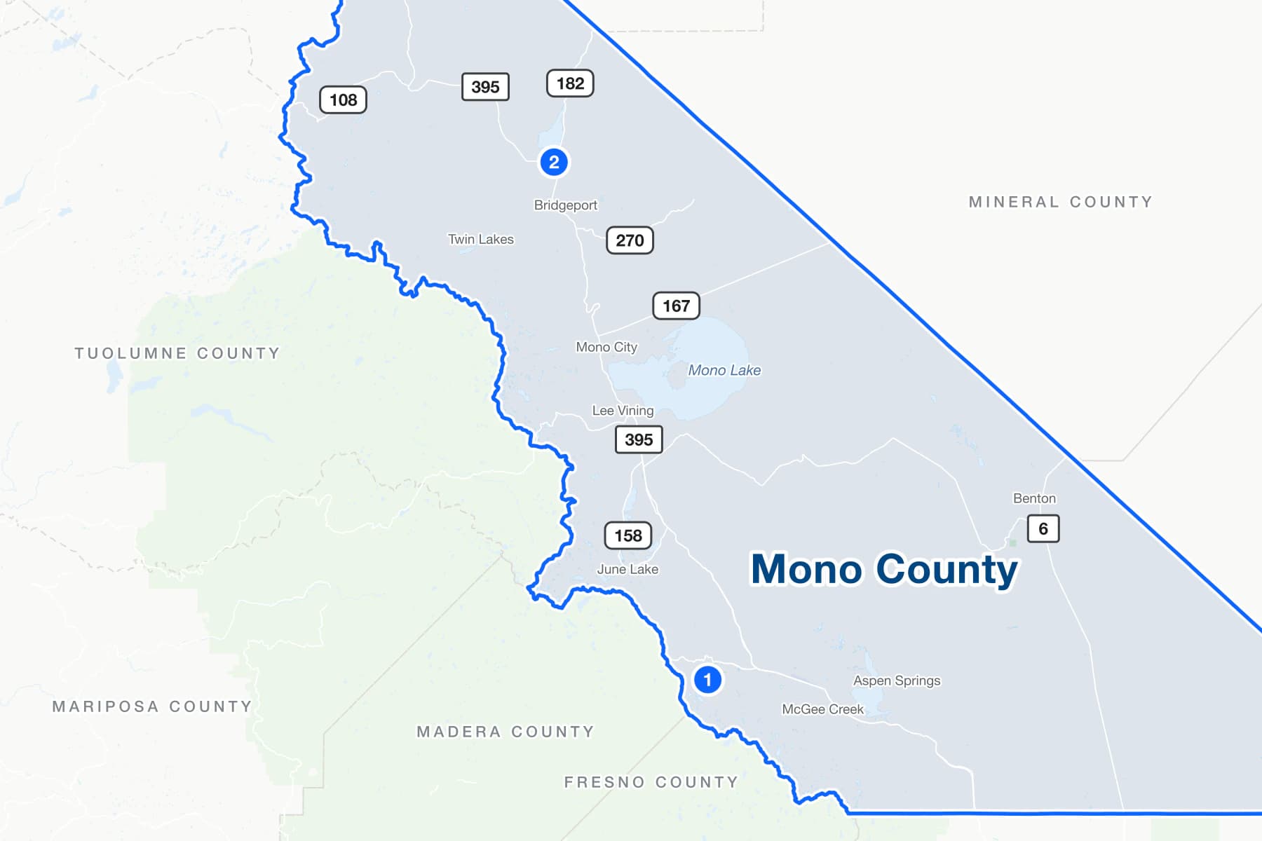 Map of Mono County, California, along US 395, with numbered pins at the Mammoth Lakes Courthouse and the Bridgeport Courthouse.